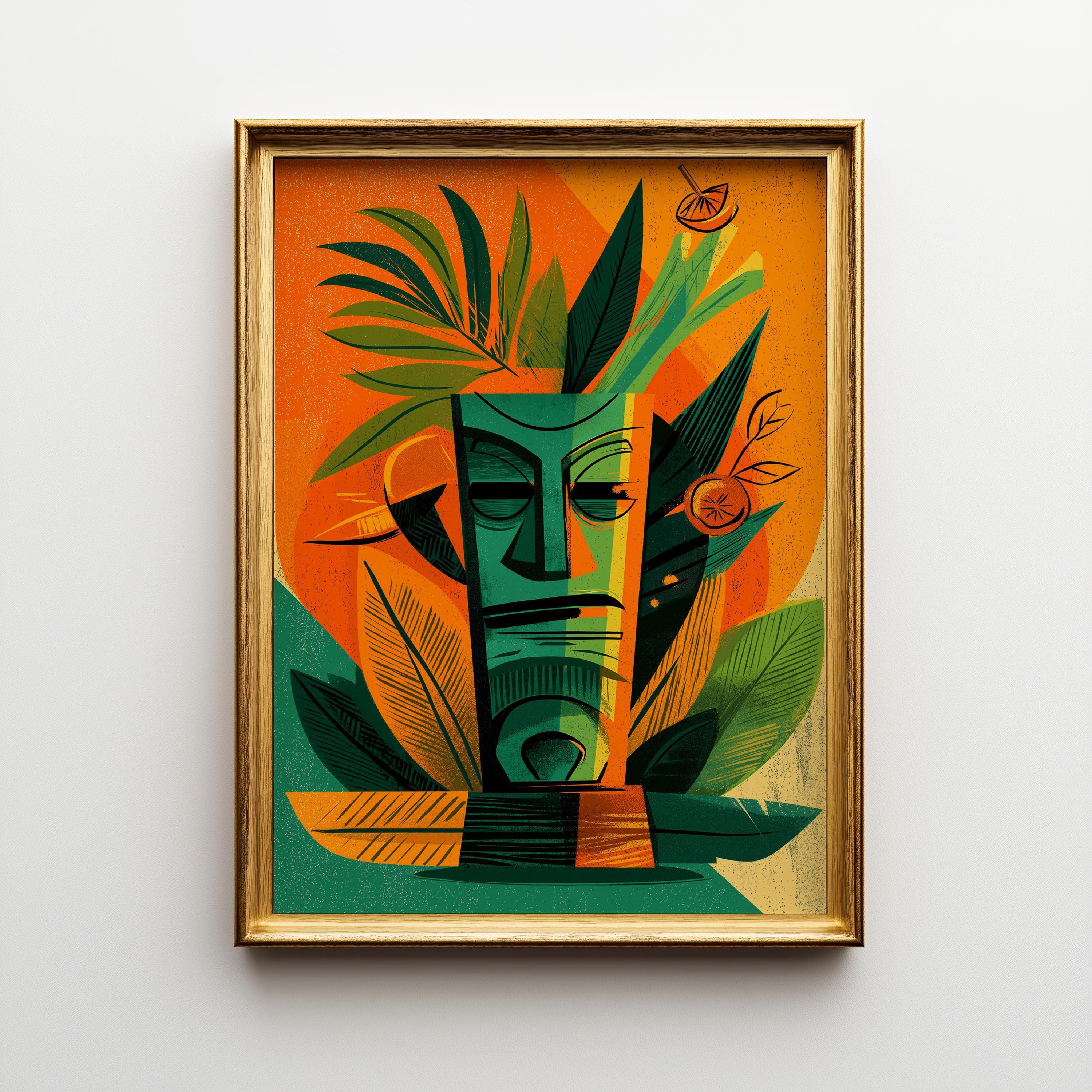 Tropical Tiki Bar Cocktail Retro Citrus Drink with Palm Leaves Wall Art