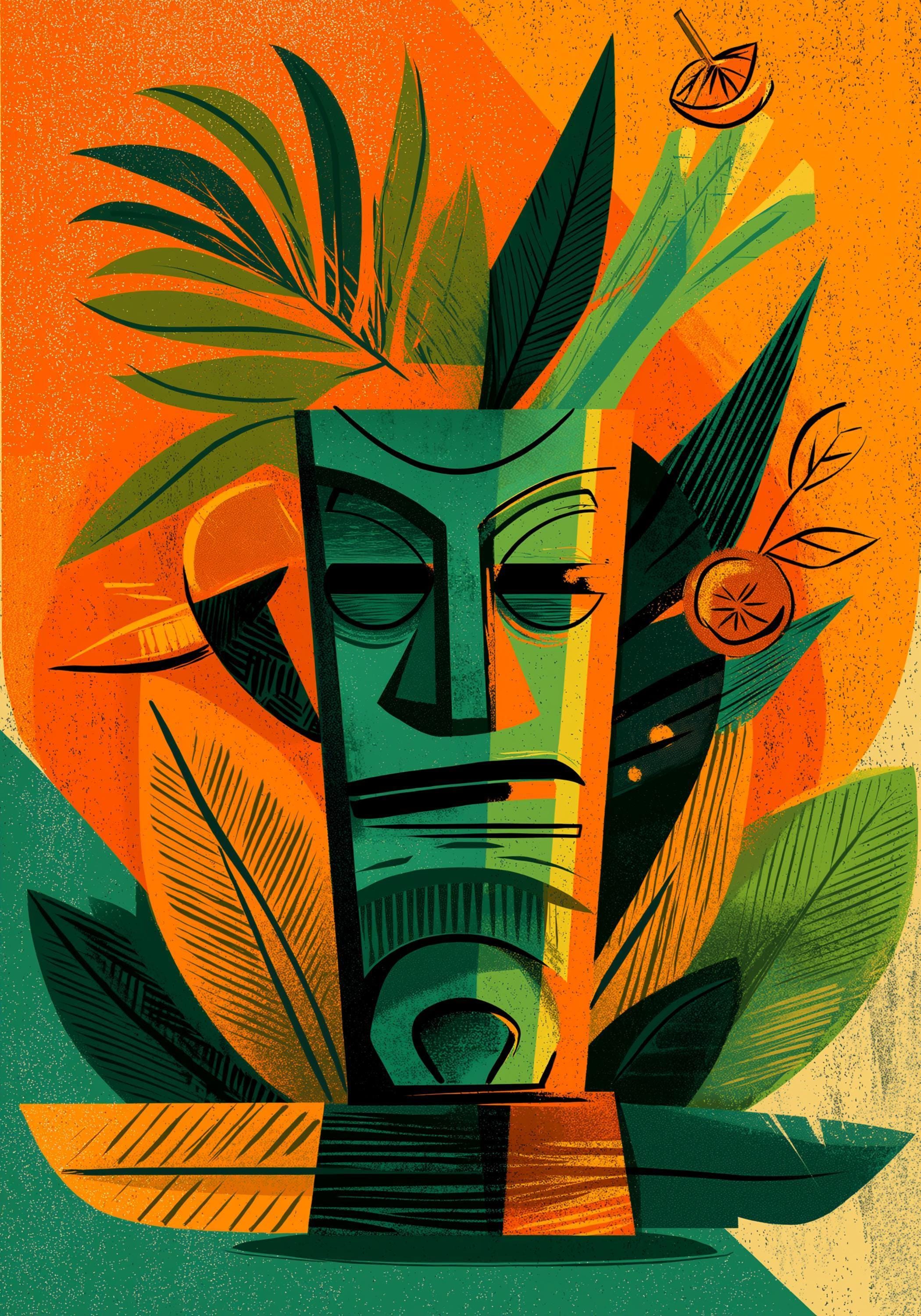 Tropical Tiki Bar Cocktail Retro Citrus Drink with Palm Leaves Wall Art