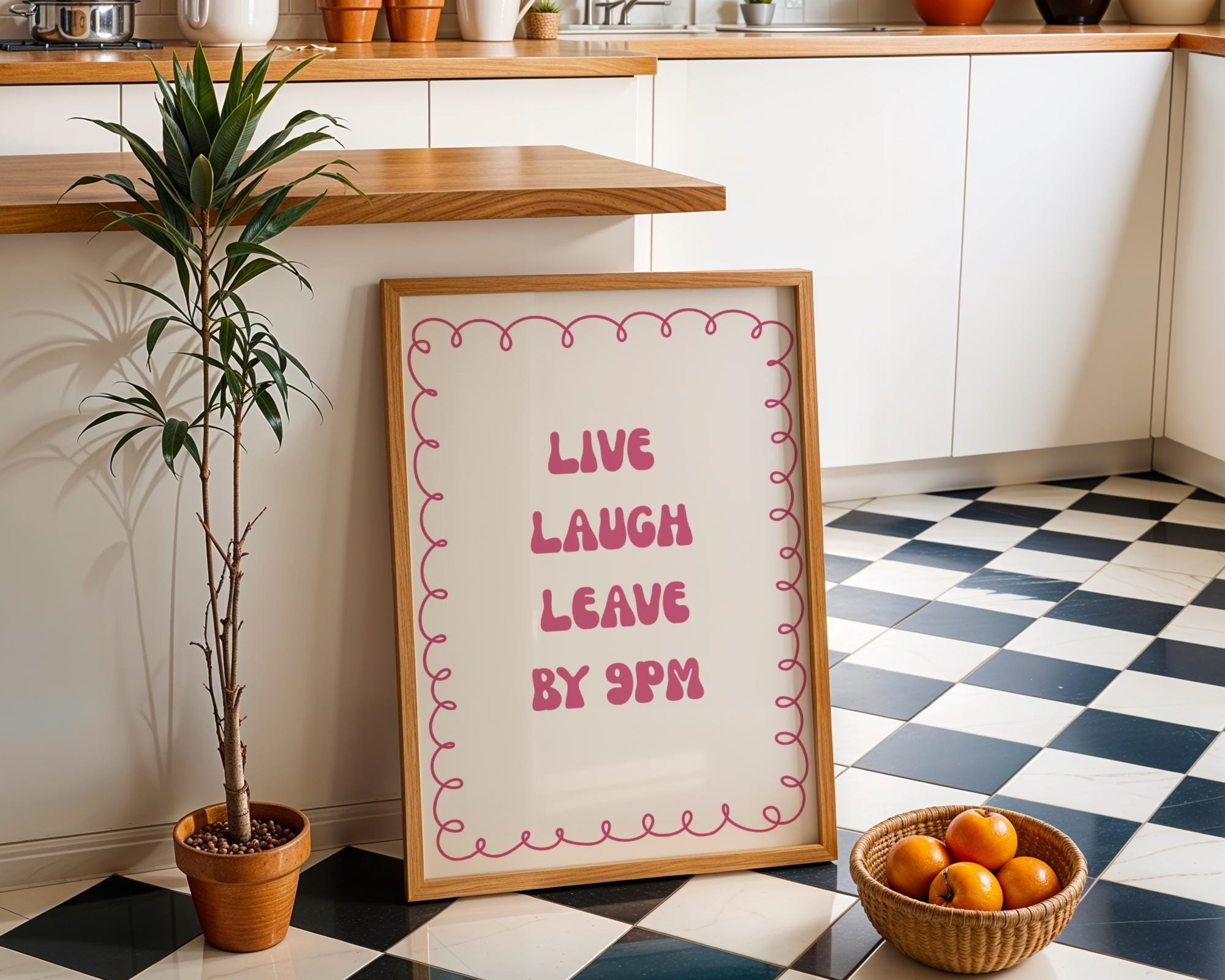 Funny Quote Wall Art | “Live Laugh Leave by 9PM” Pink by The Wall Art Studio