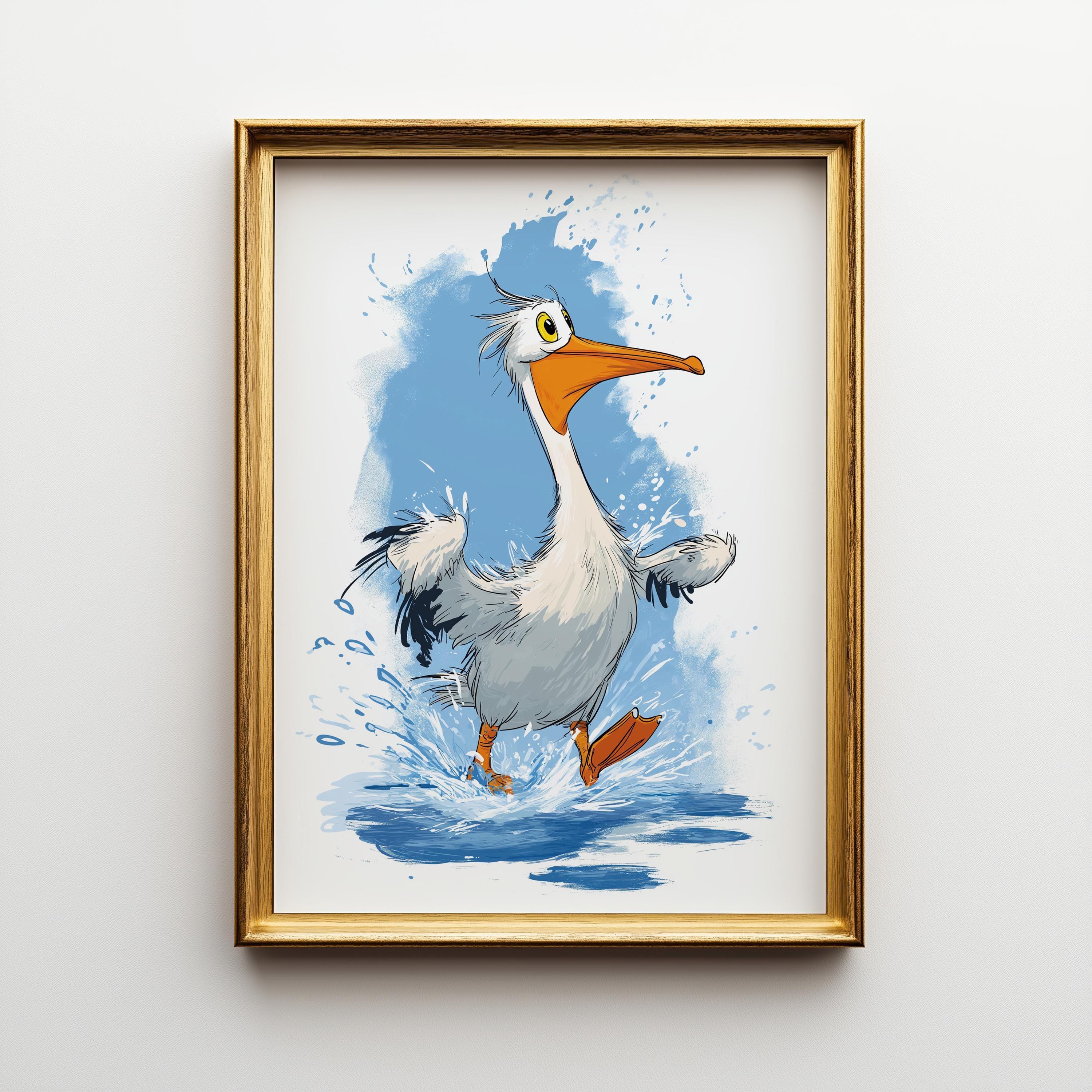 Funny Pelican Cute Cartoon Splashing Pelican Coastal Nursery Wall Art by The Wall Art Studio