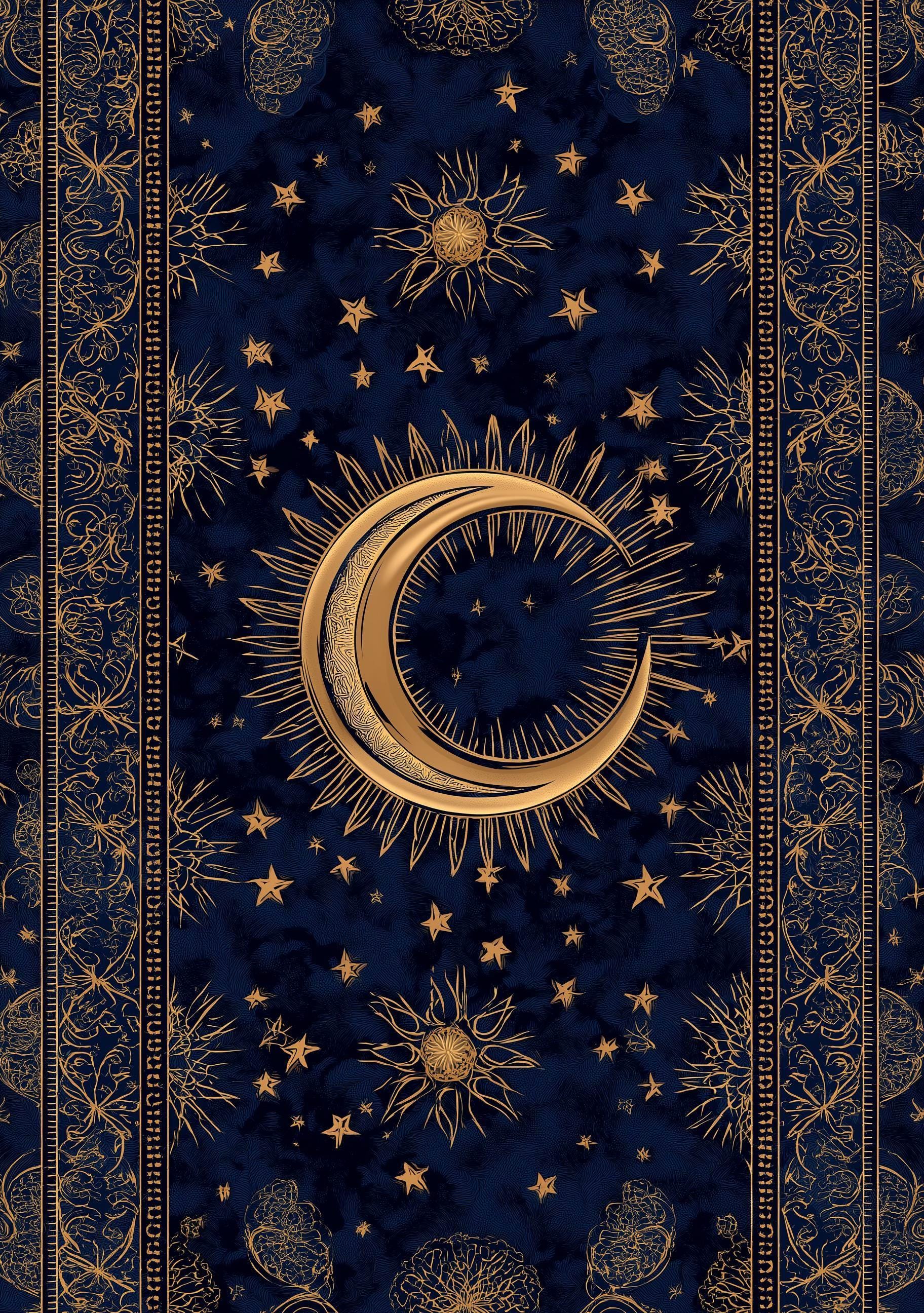Islamic Crescent Moon Celestial Blue & Gold Starry Night Wall Art by The Wall Art Studio