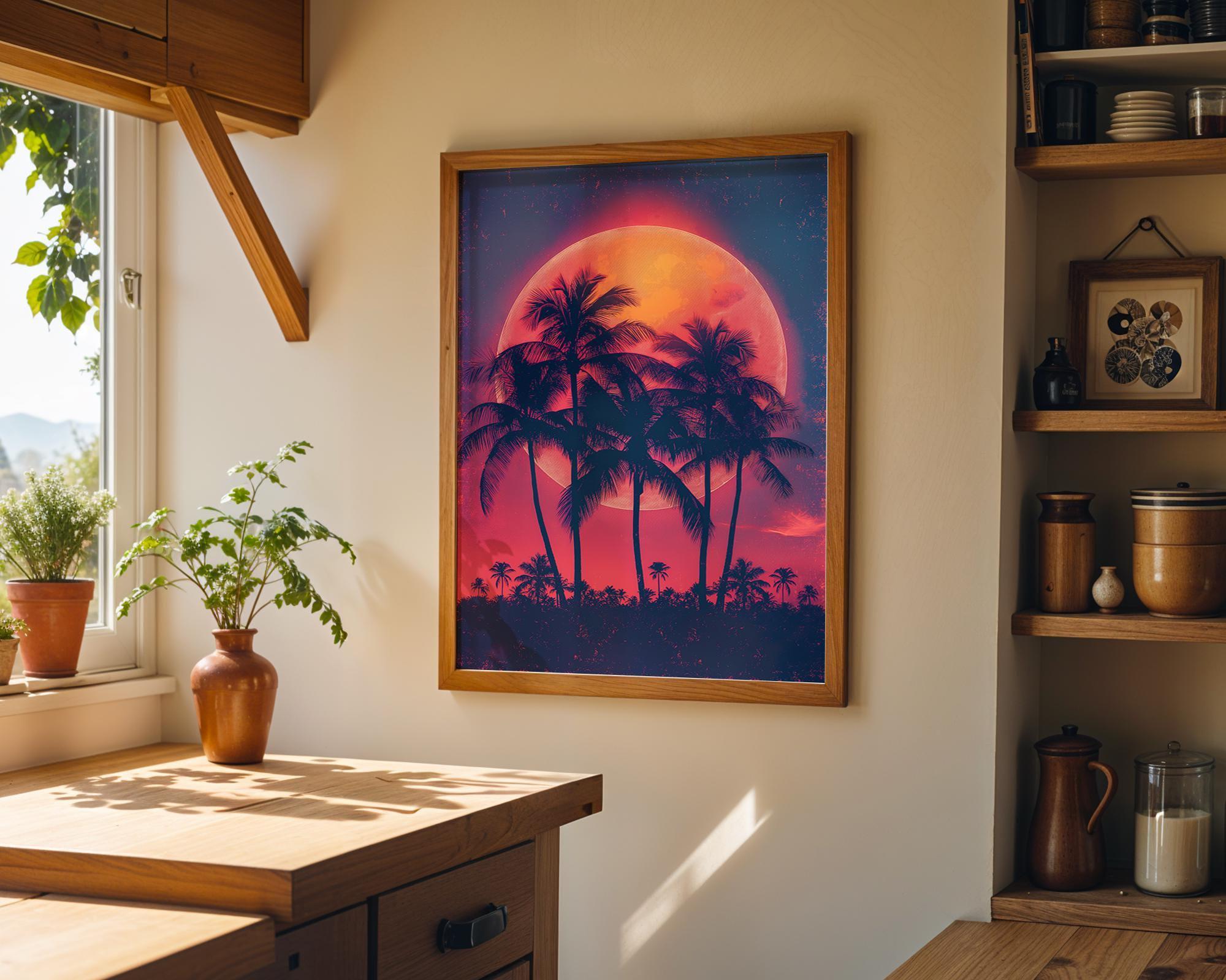 1980s Miami Sunset Synthwave Palm Tree Wall Art by The Wall Art Studio