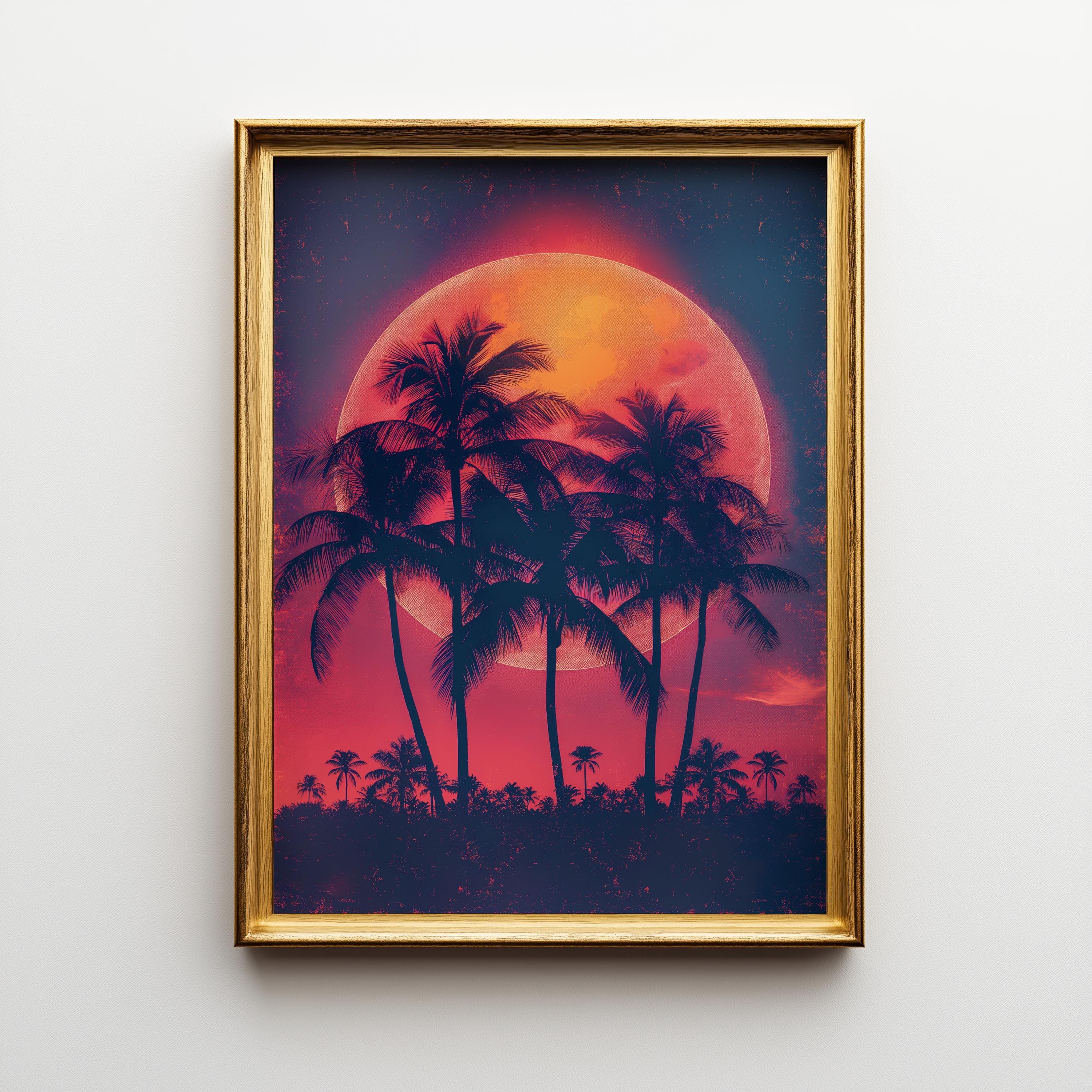 1980s Miami Sunset Synthwave Palm Tree Wall Art by The Wall Art Studio
