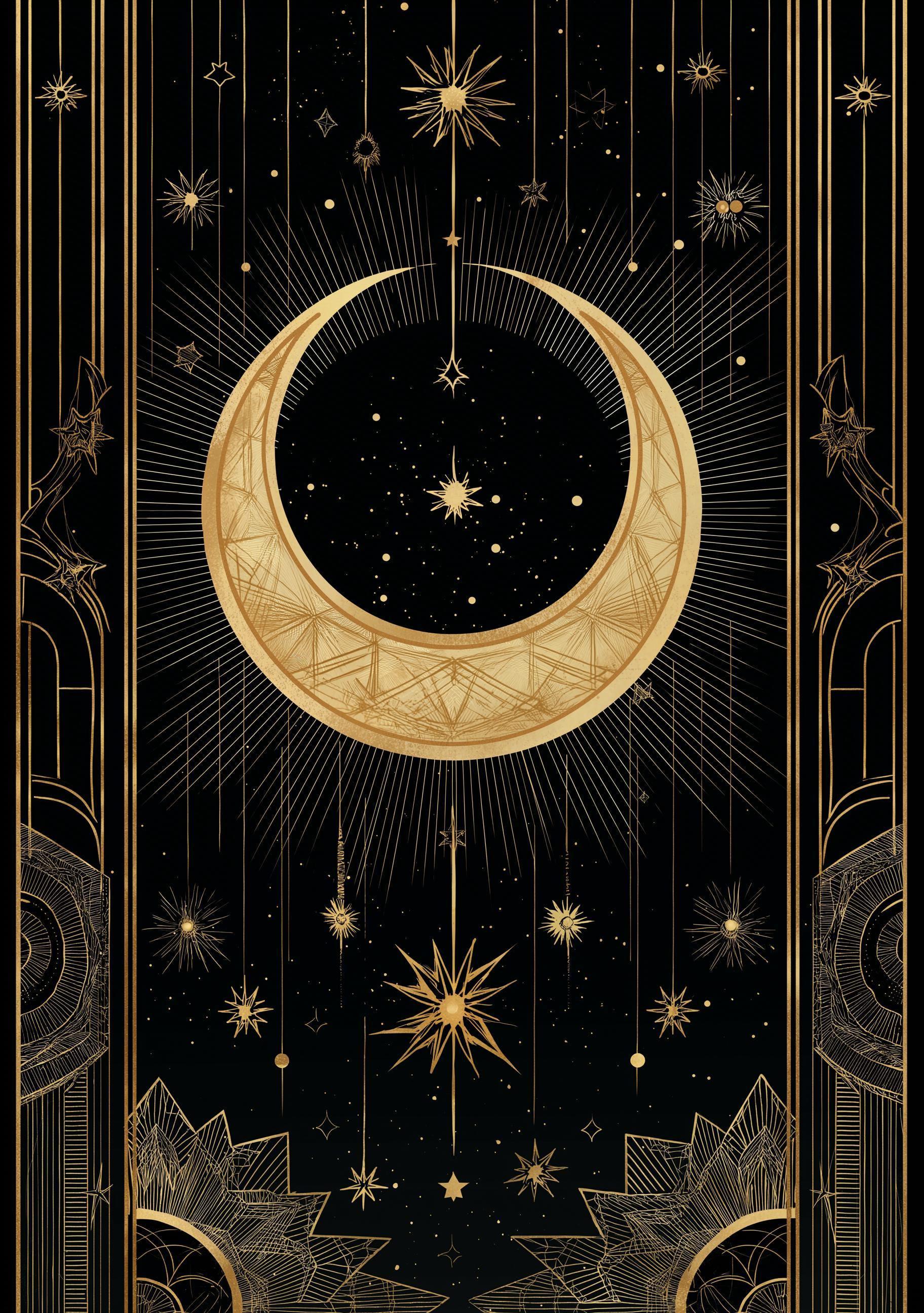 Black & Gold Moon Celestial Night Sky Wall Art by The Wall Art Studio