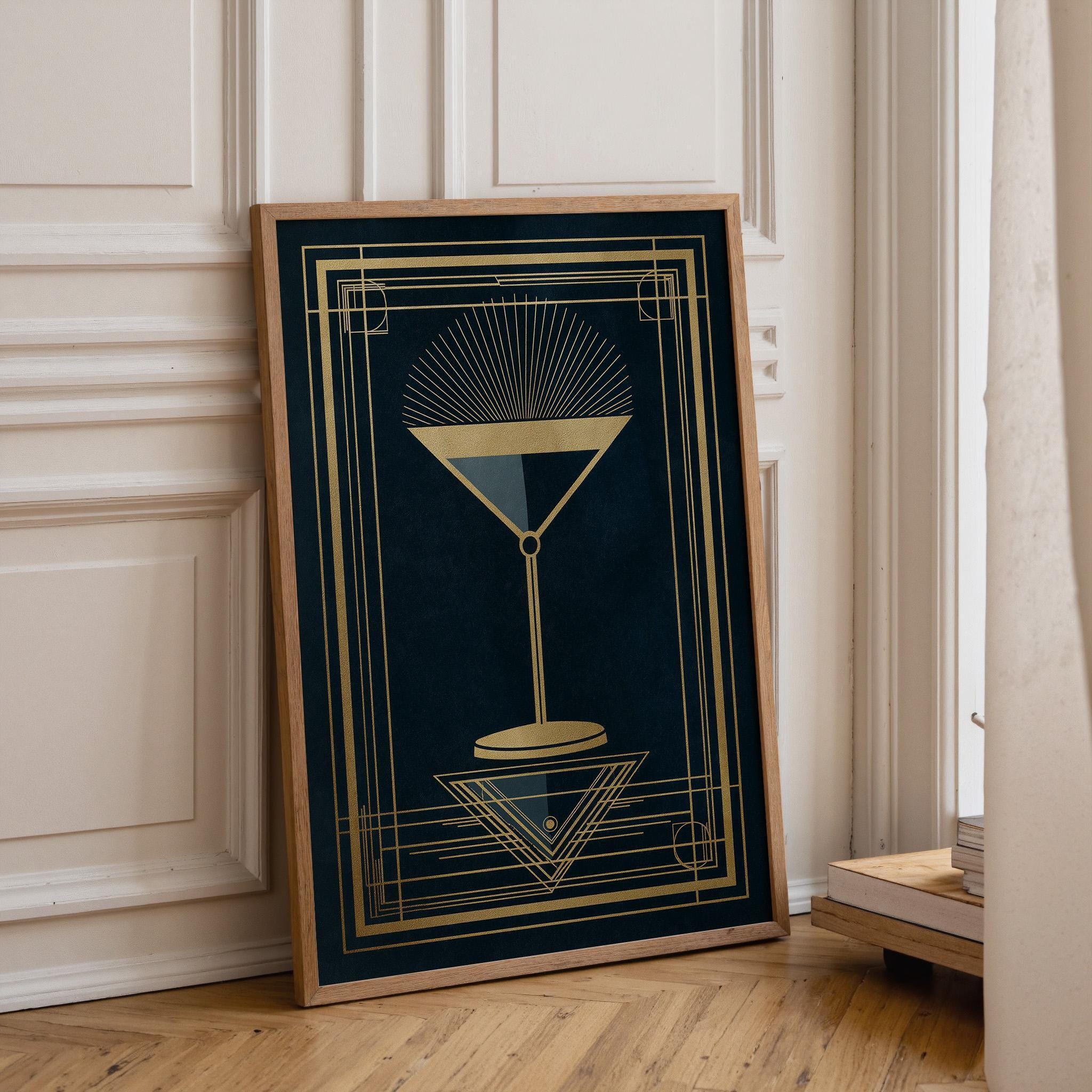 Art Deco Cocktail Wall Art Print, Minimalist Martini Illustration, Black and Gold Bar Décor