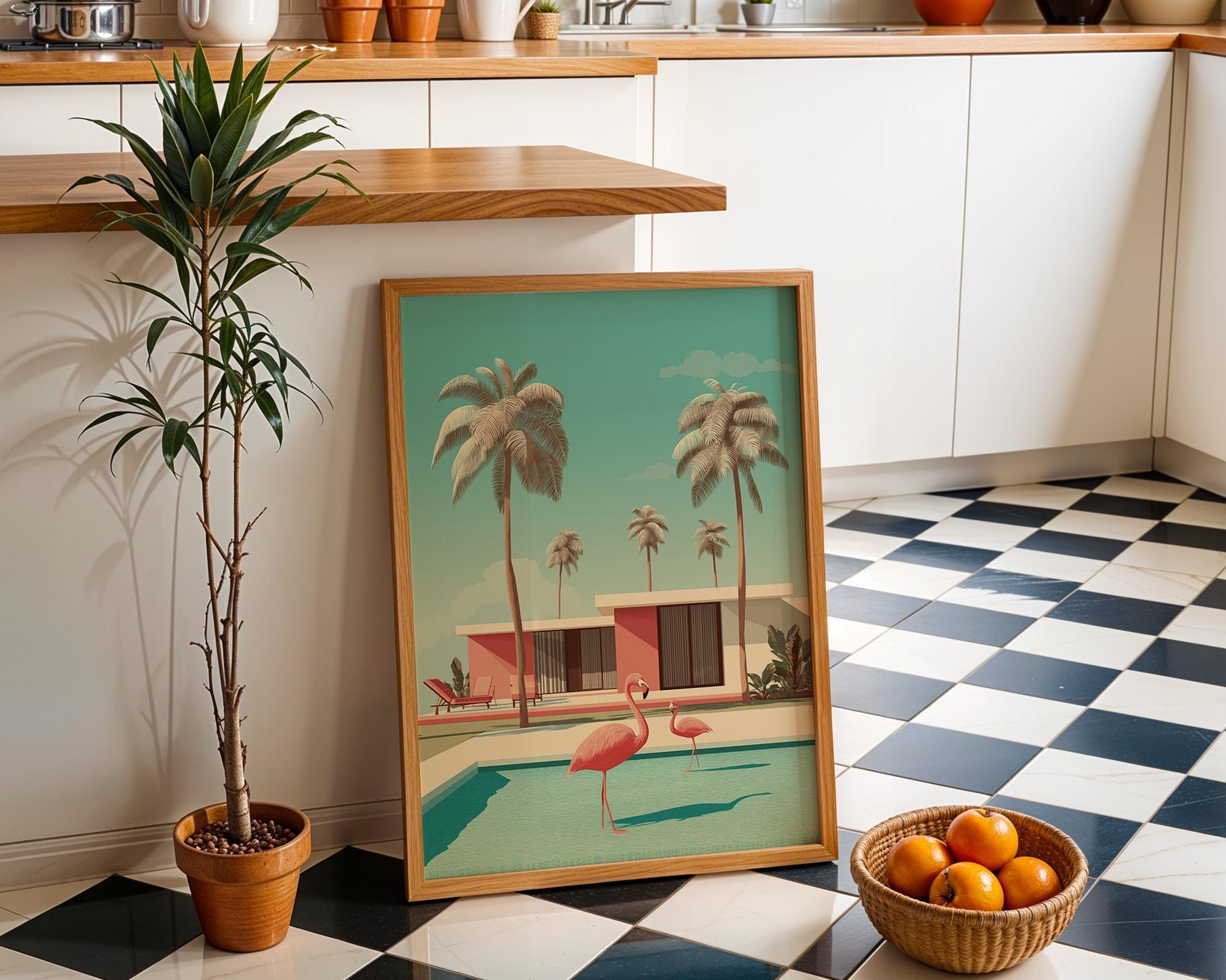 Mid Century Modern Flamingo in Pool Palm Springs Retro Wall Art by The Wall Art Studio - physical