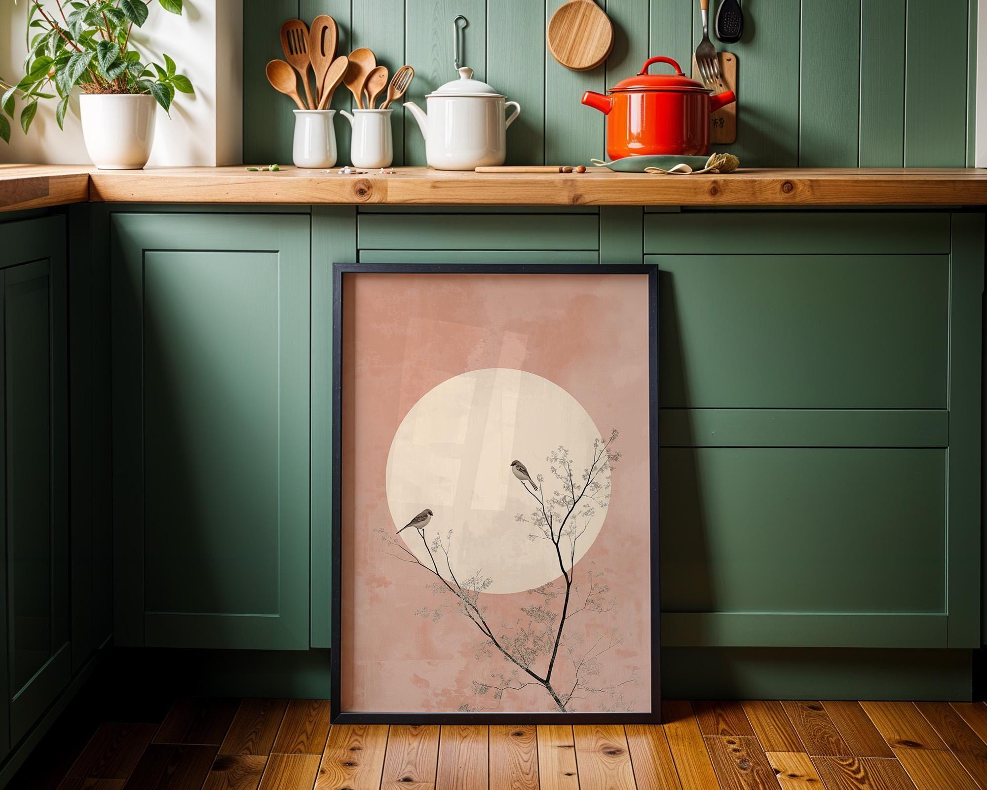Soft Pink Boho Japandi Minimalist Moon and Birds Wall Art by The Wall Art Studio - physical