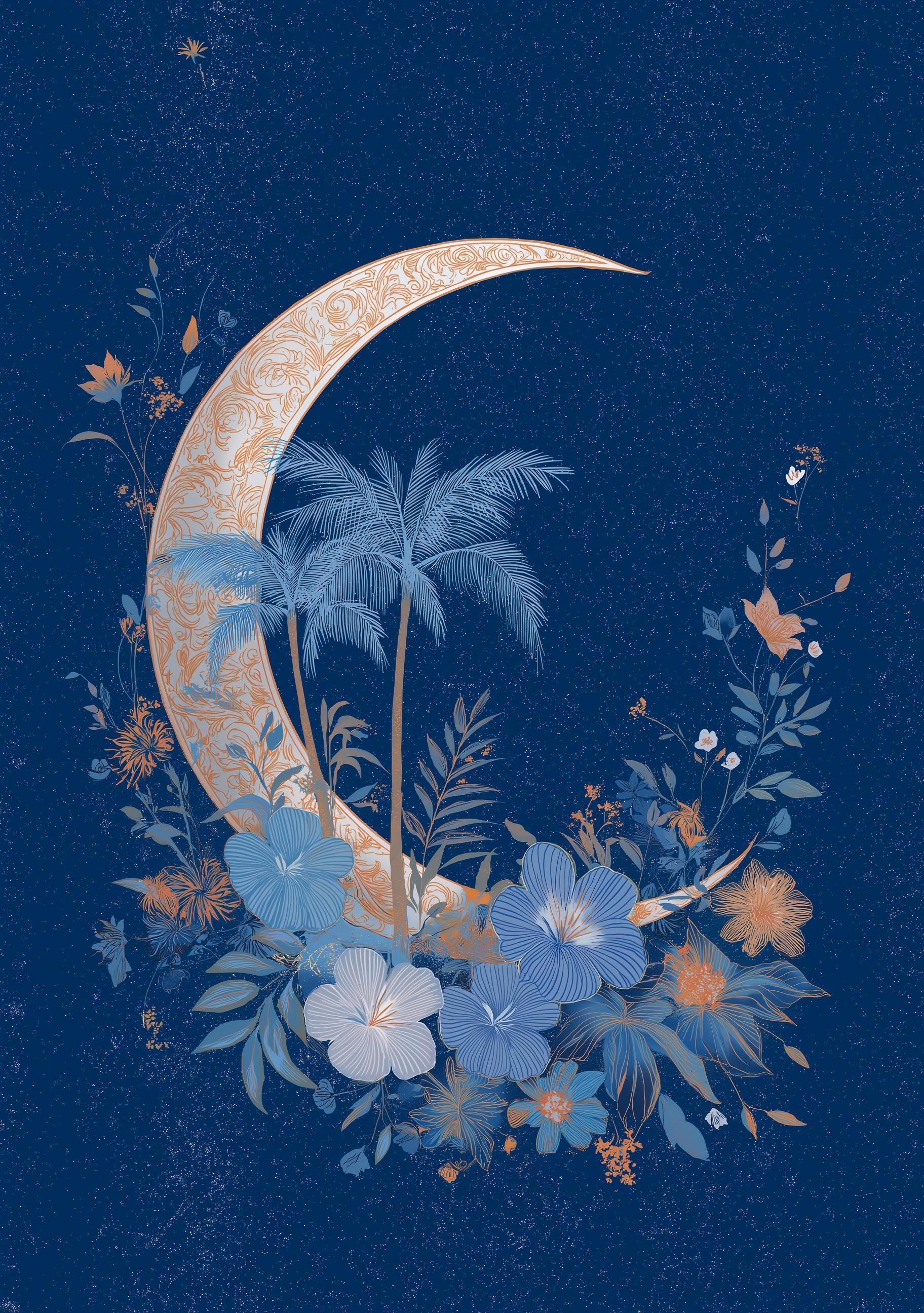 Blue Palm Tree Moon Celestial Tropical Boho Night Sky Wall Art by The Wall Art Studio