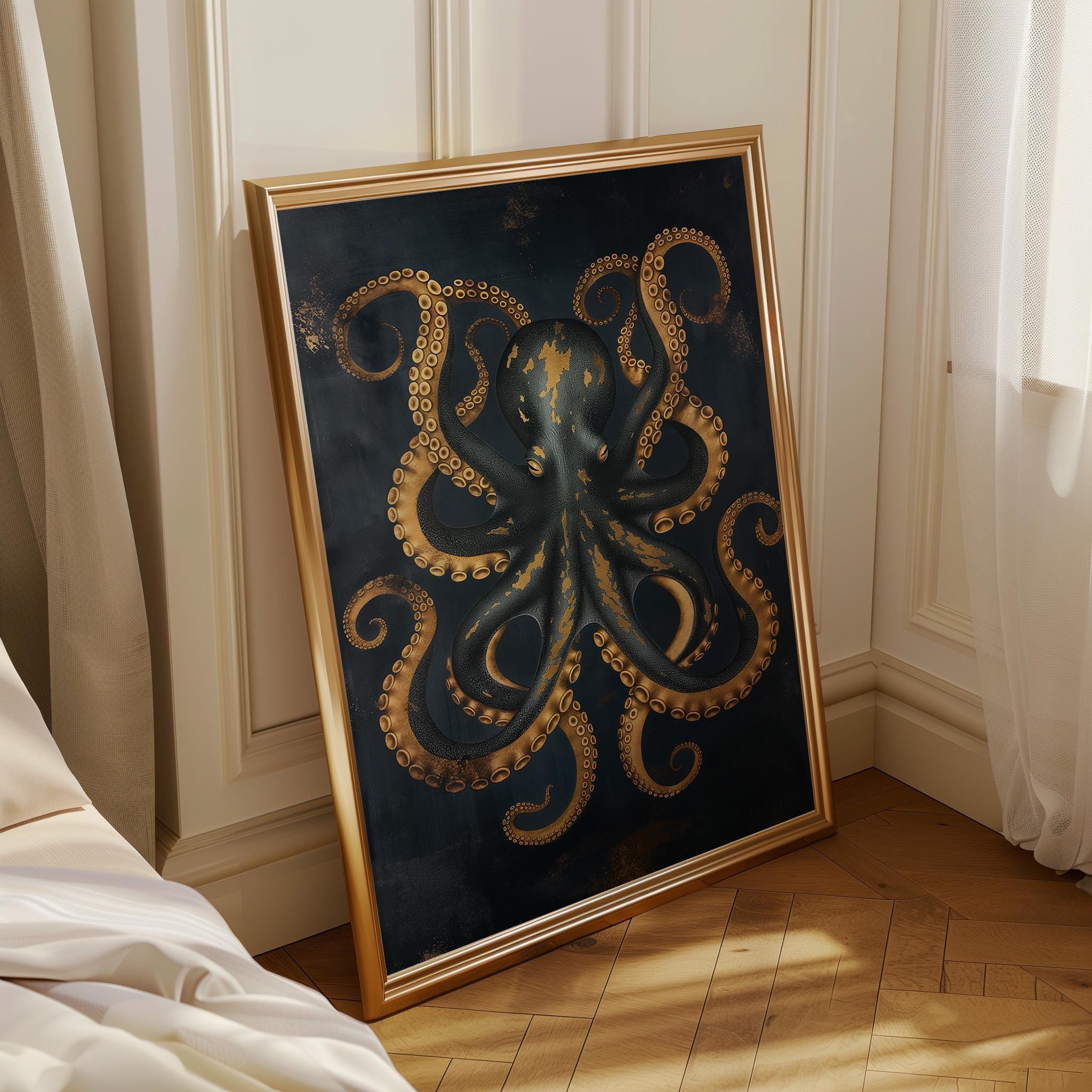 Octopus Nautical Coastal Blue and Gold Kraken Wall Art
