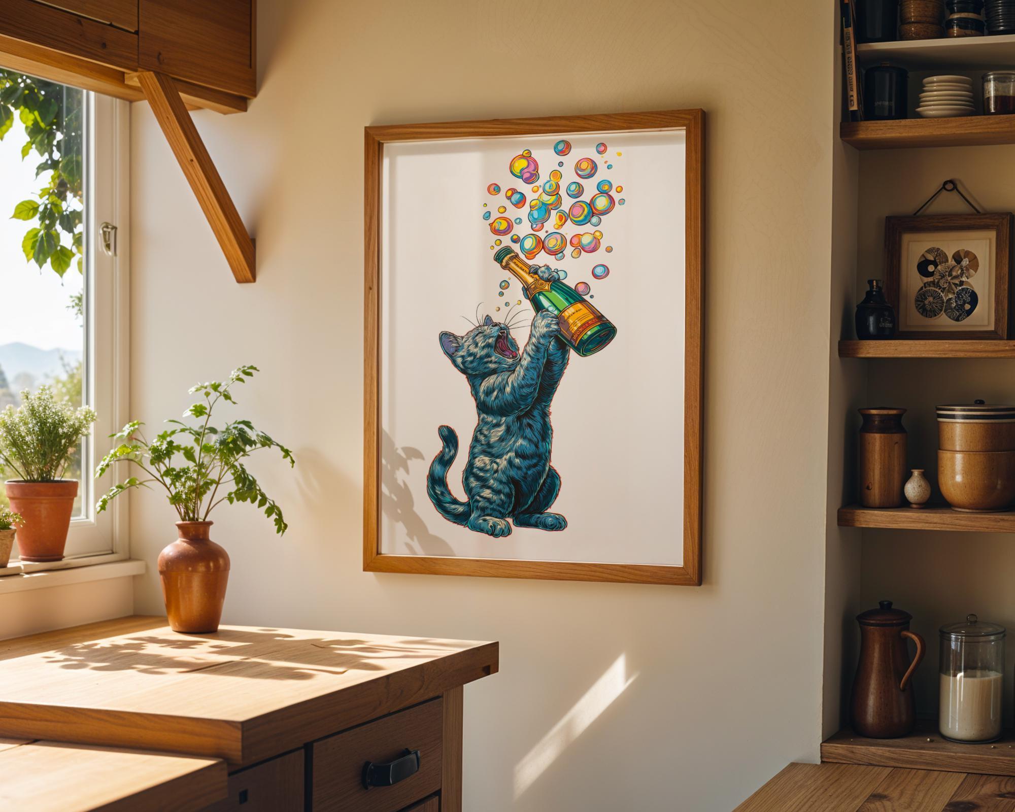 Black Cat Champagne Prosecco Bubble Celebration Wall Art by The Wall Art Studio - physical