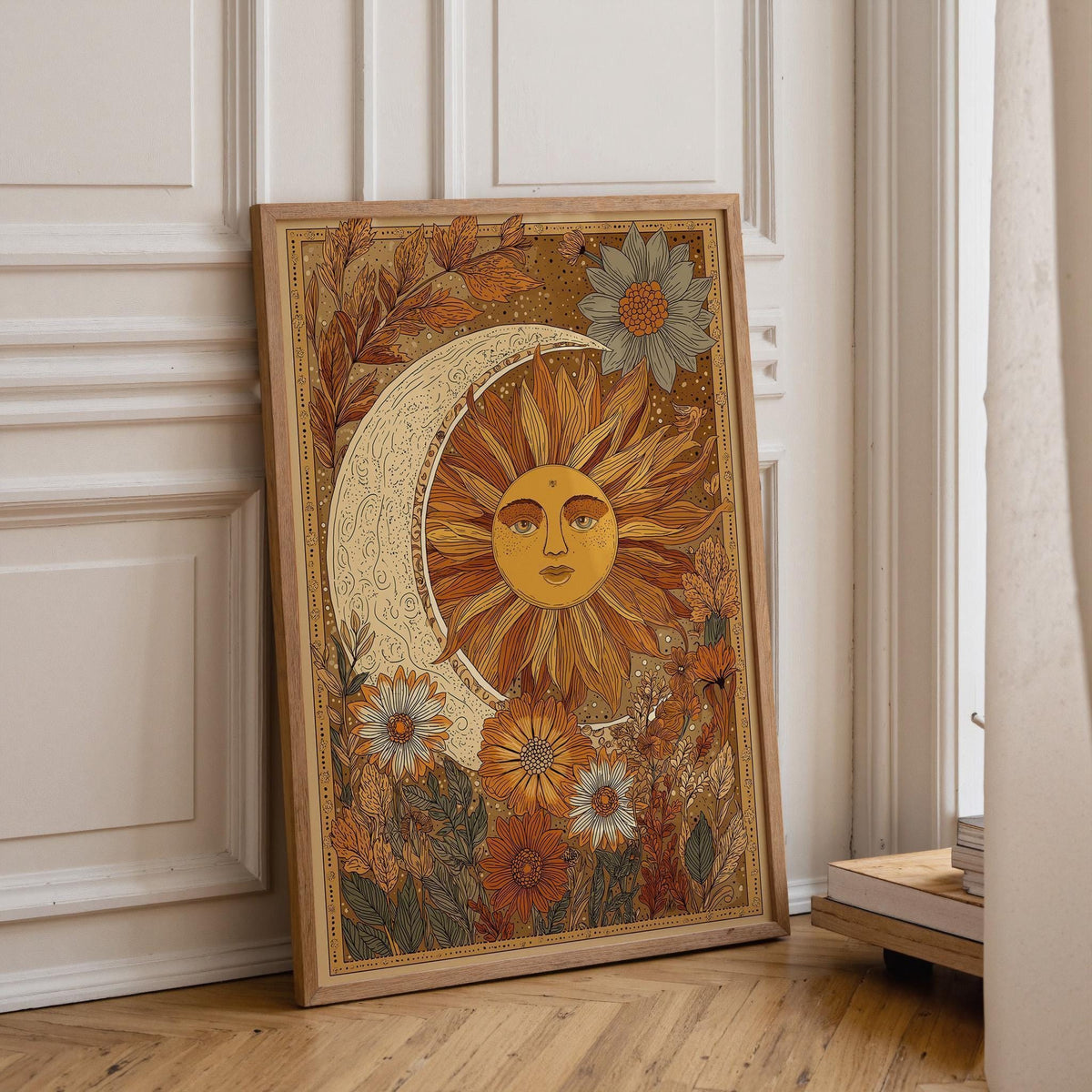 Celestial Boho Floral Sun and Moon Vintage Astrology Wall Art by The Wall Art Studio - physical
