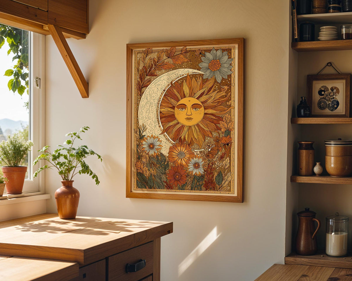 Celestial Boho Floral Sun and Moon Vintage Astrology Wall Art by The Wall Art Studio - physical