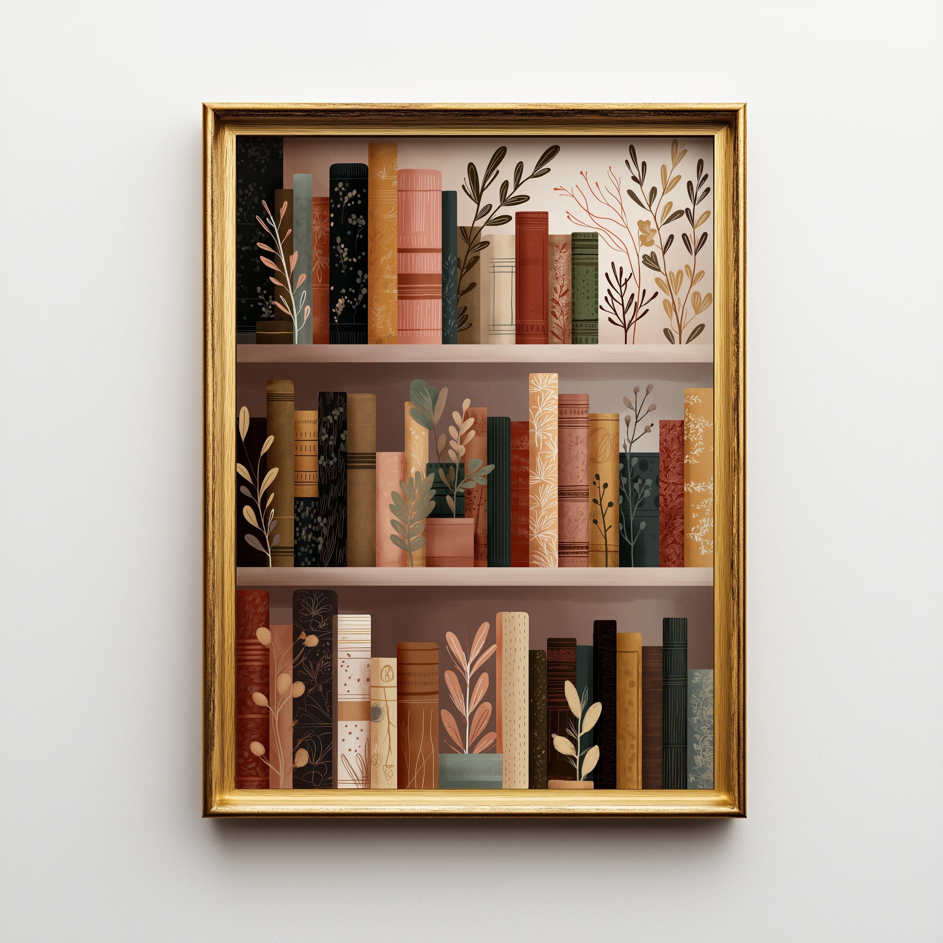 Floral Bookshelf Botanical Book Lover Whimsical Library Wall Art by The Wall Art Studio