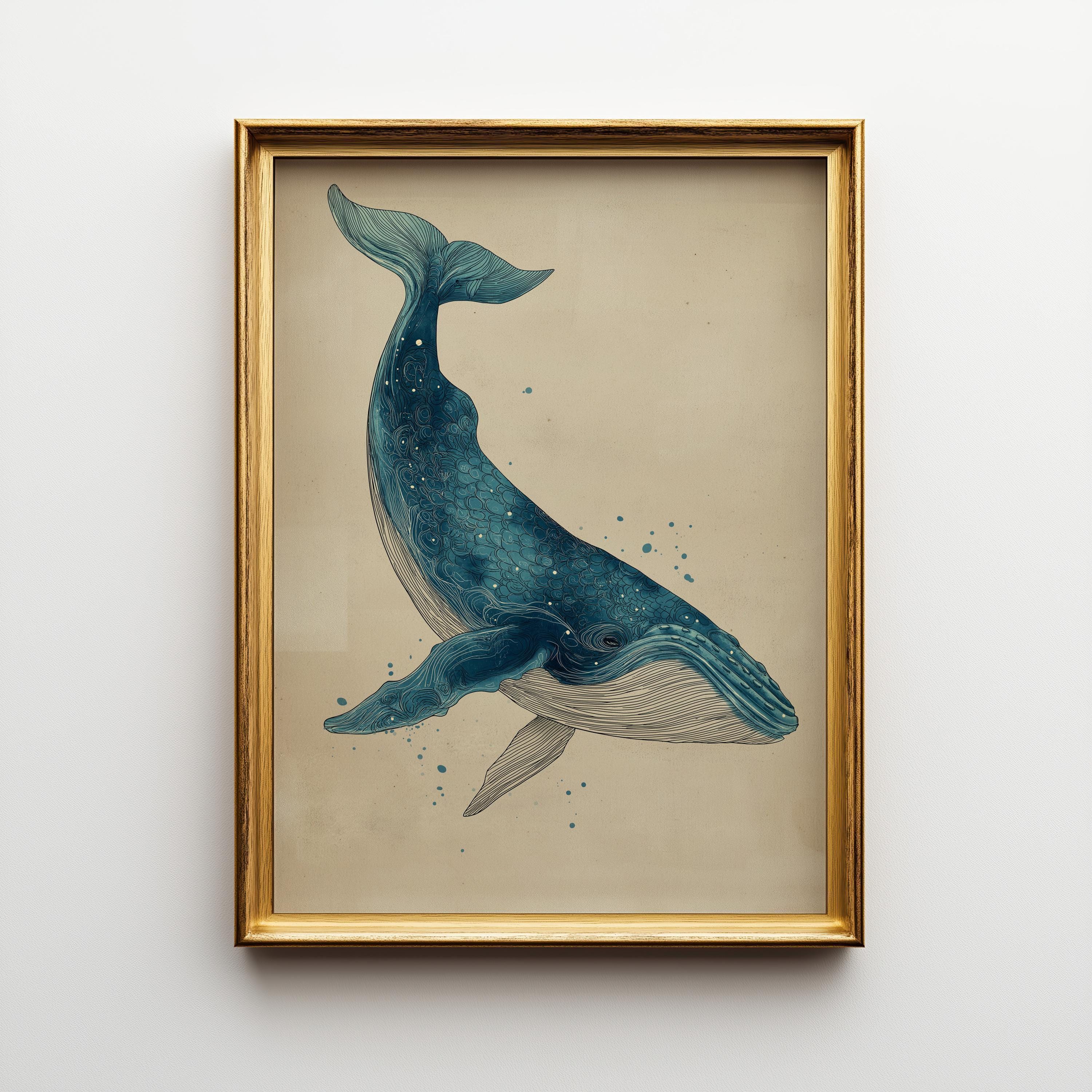 Vintage Whale Illustration Coastal Ocean Minimalist Sea Life Wall Art