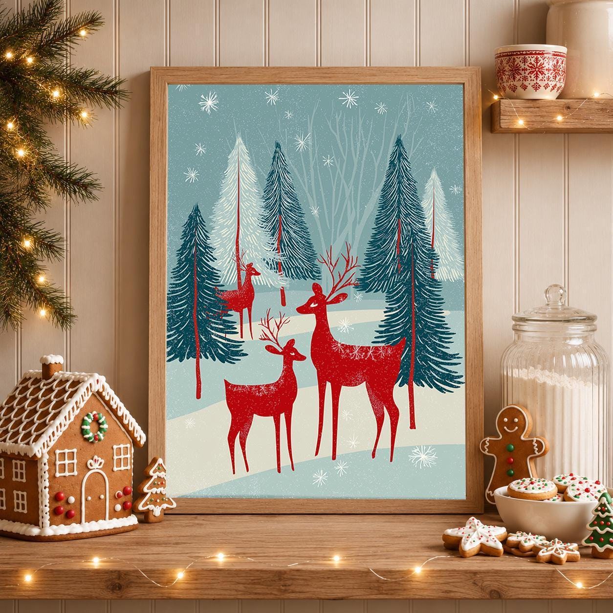 Scandinavian Christmas Nordic Winter Forest Folk Reindeer Wall Art by The Wall Art Studio
