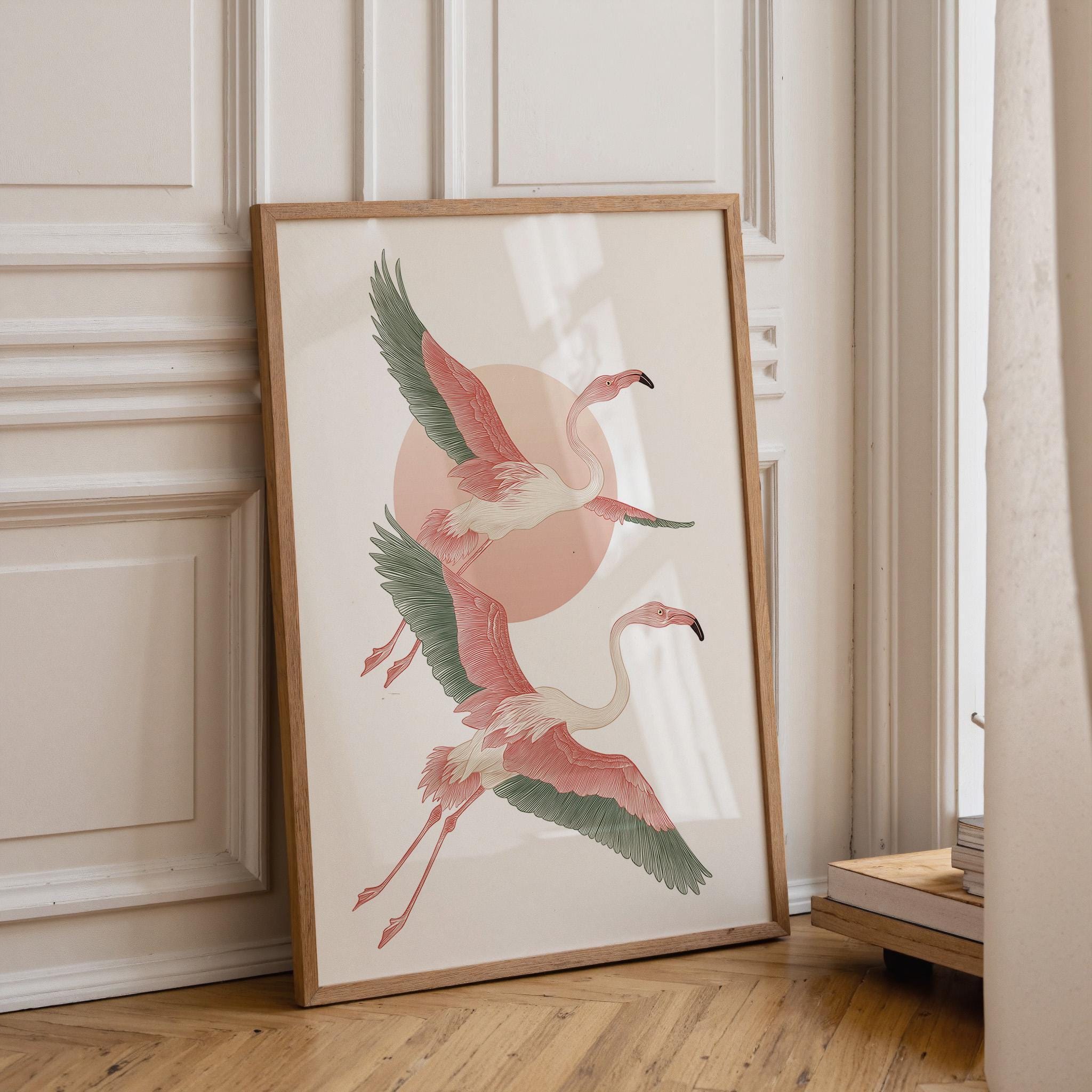 Japanese Style Flamingo Japandi Pink Mid Century Modern Wall Art by The Wall Art Studio