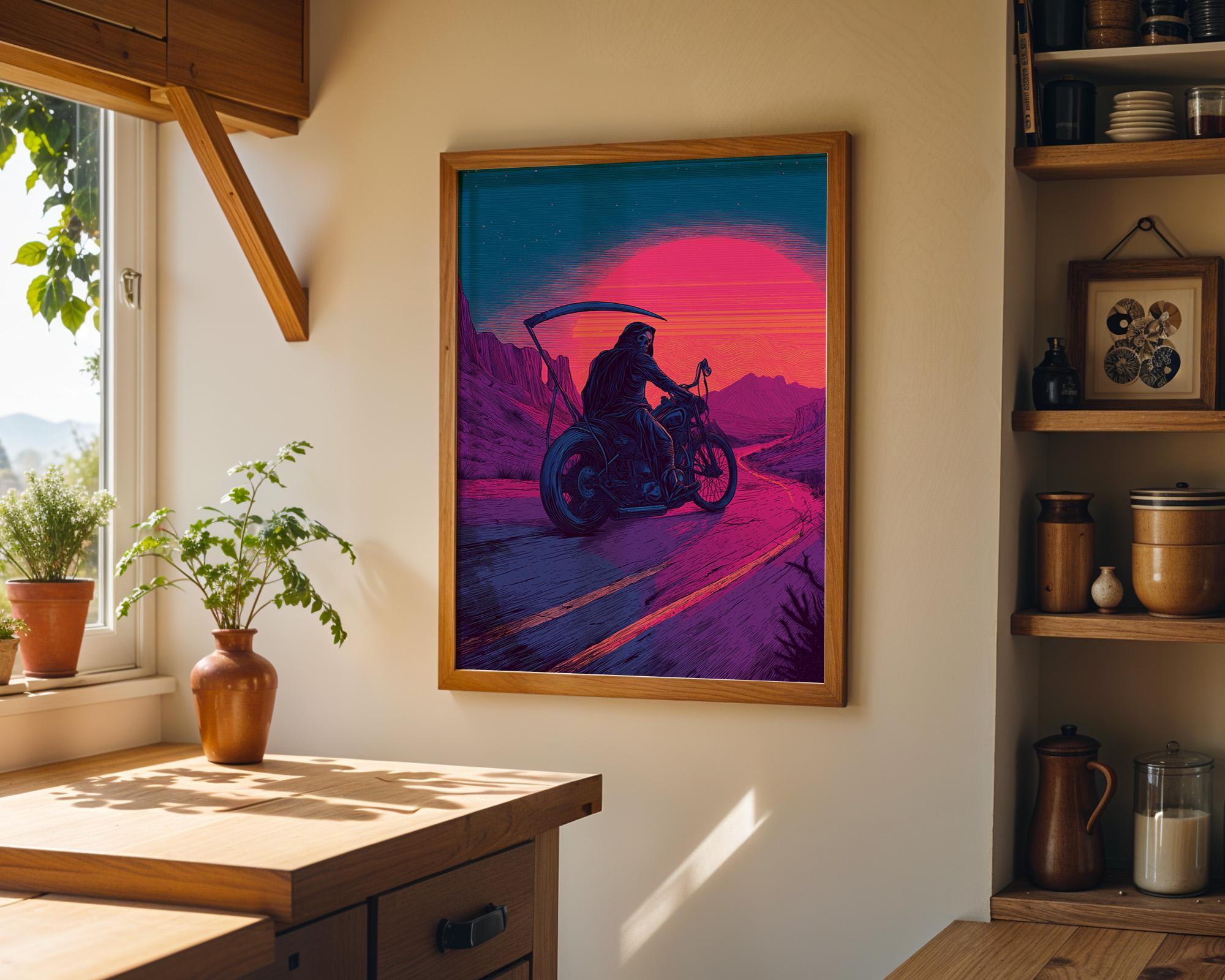 Neon Retro Synthwave Grim Reaper Motorcycle Wall Art by The Wall Art Studio