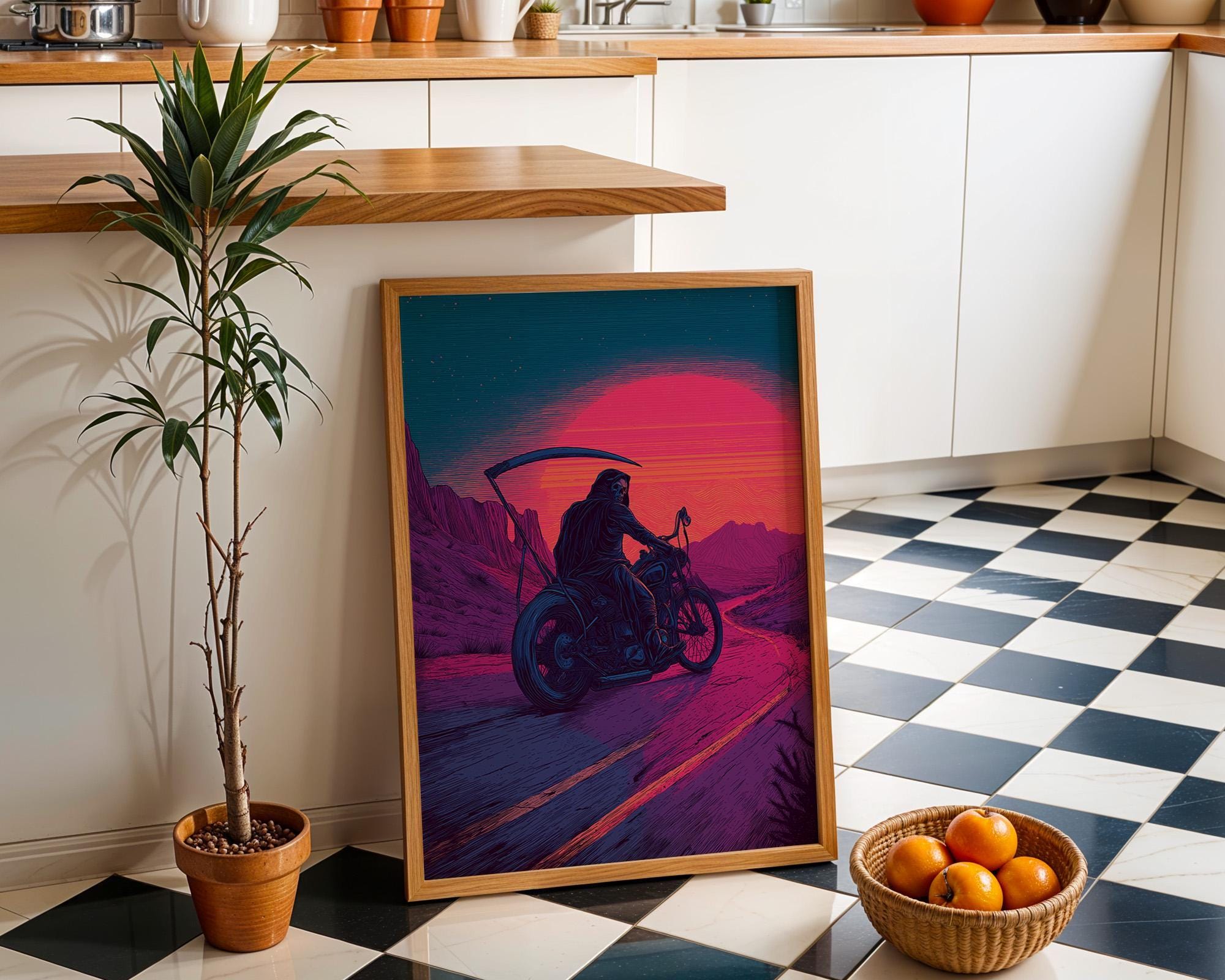 Neon Retro Synthwave Grim Reaper Motorcycle Wall Art by The Wall Art Studio