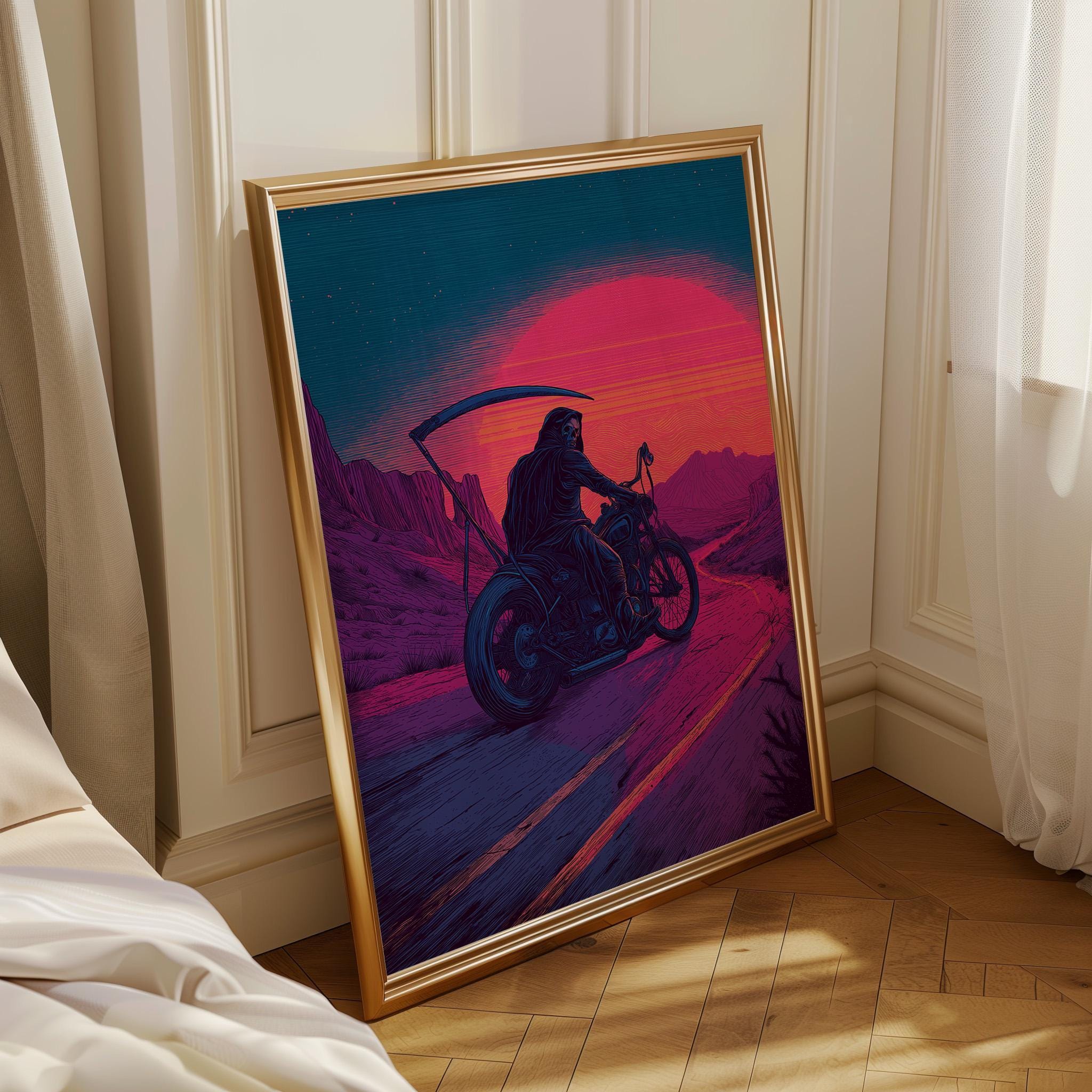 Neon Retro Synthwave Grim Reaper Motorcycle Wall Art by The Wall Art Studio