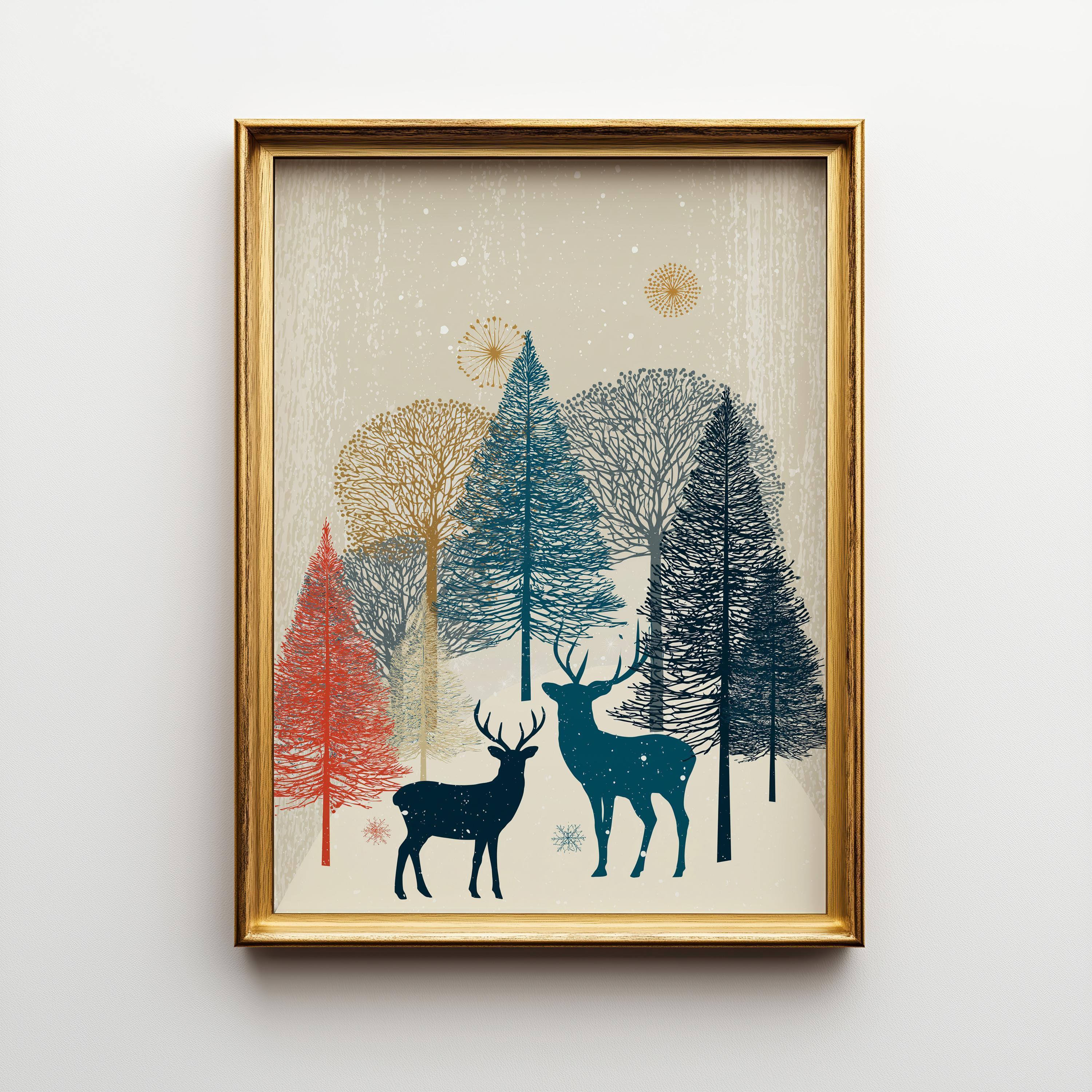 Scandinavian Christmas Nordic Winter Forest Reindeer Wall Art by The Wall Art Studio