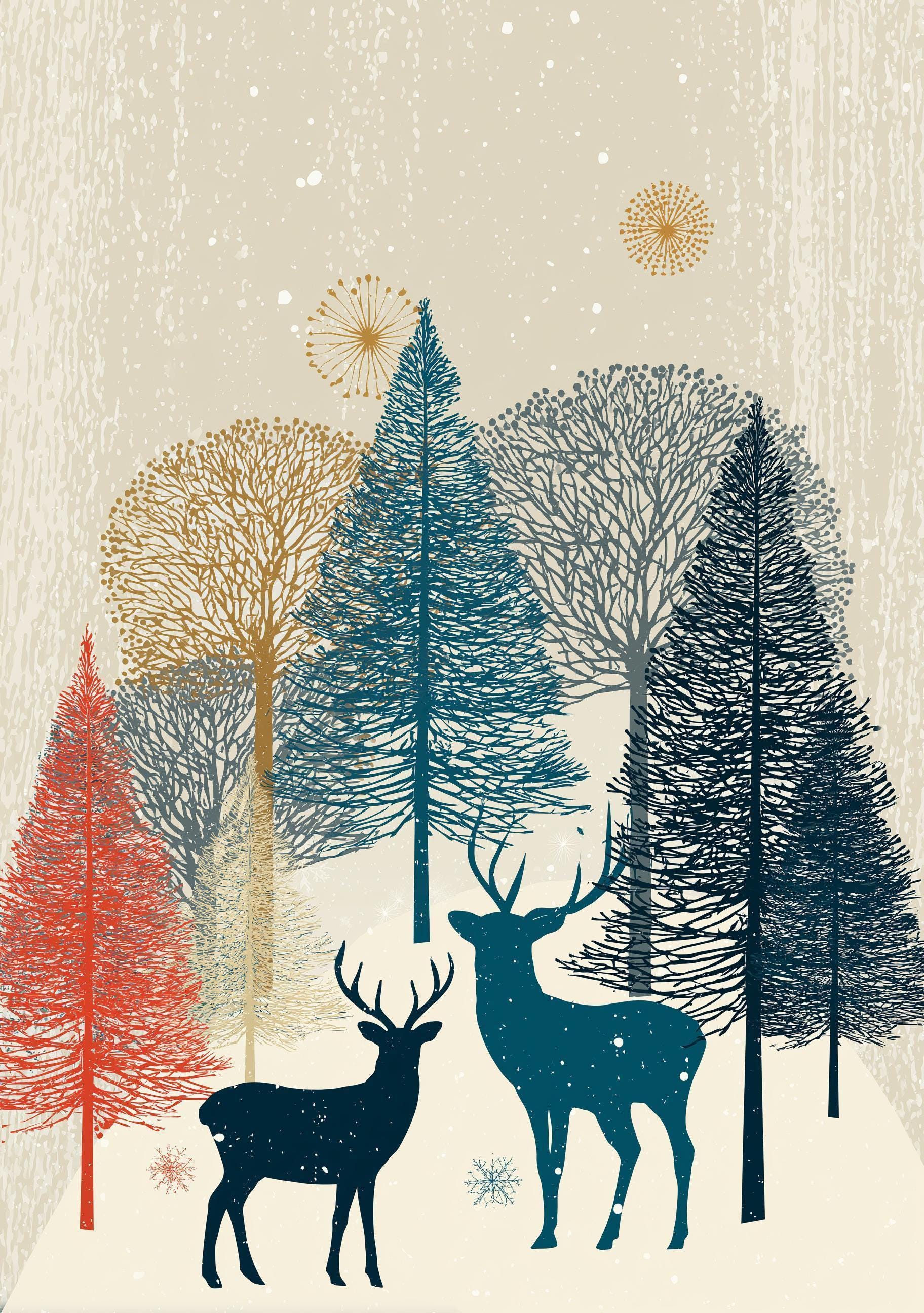 Scandinavian Christmas Nordic Winter Forest Reindeer Wall Art by The Wall Art Studio