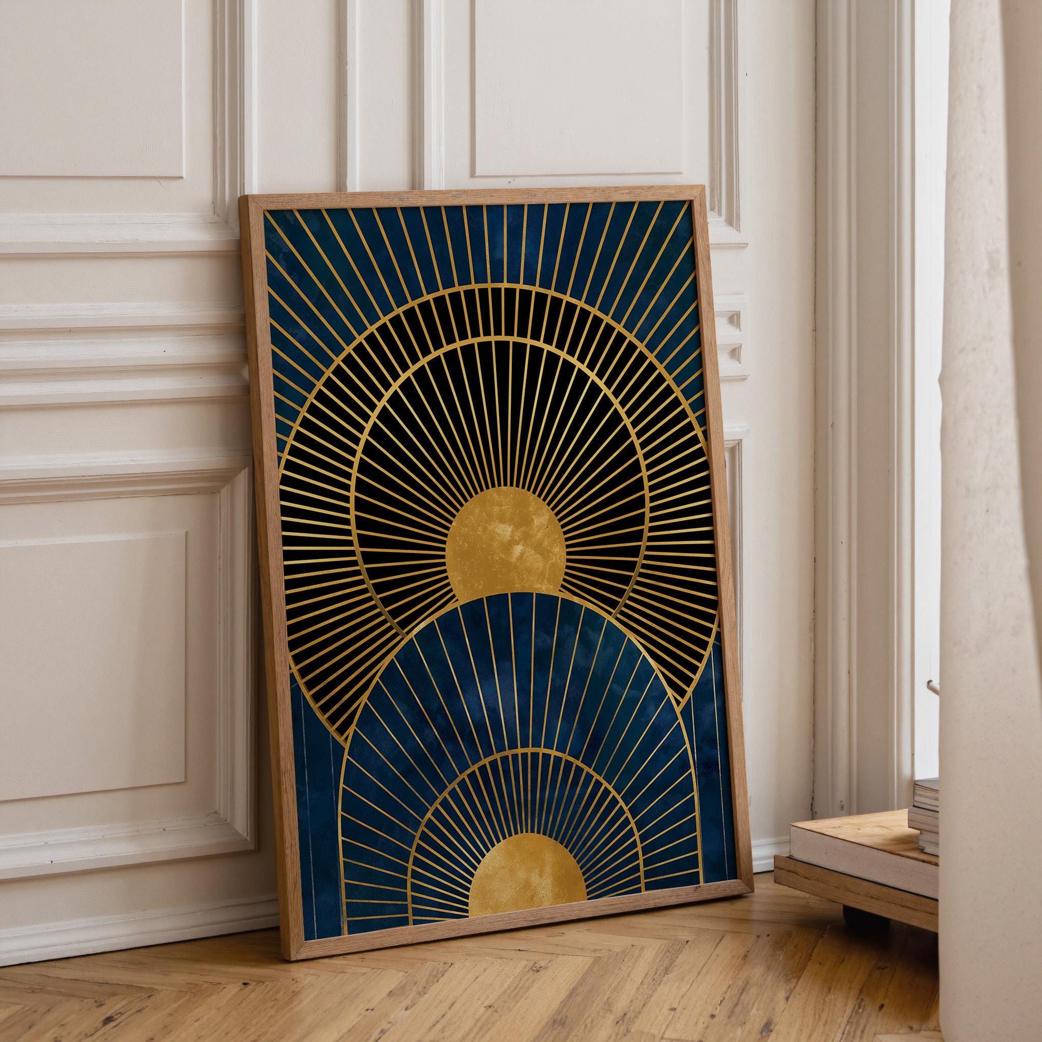Navy Blue & Gold Geometric Sunburst Luxury Abstract Wall Art by The Wall Art Studio