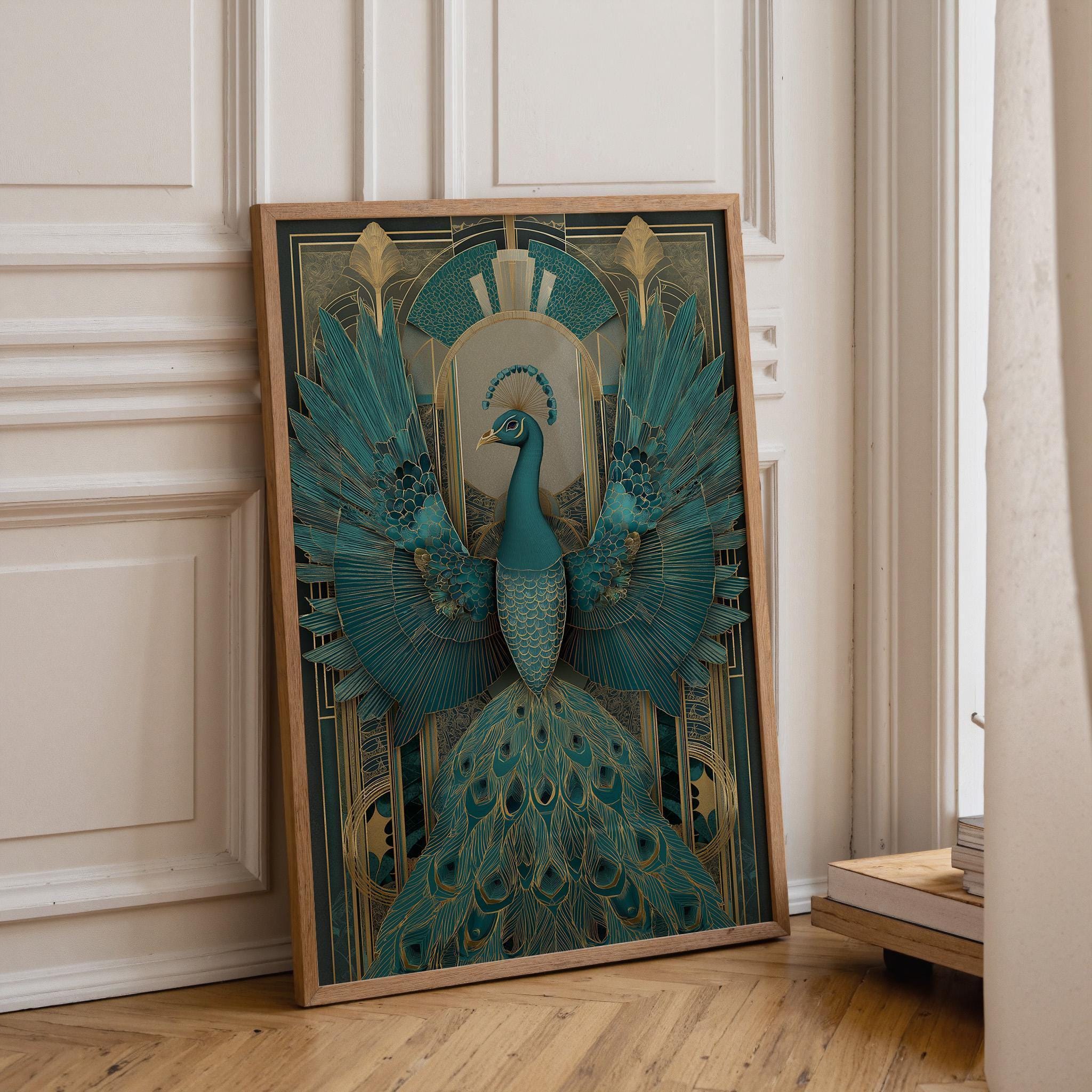 Art Deco Peacock Teal Gold Geometric Wall Art