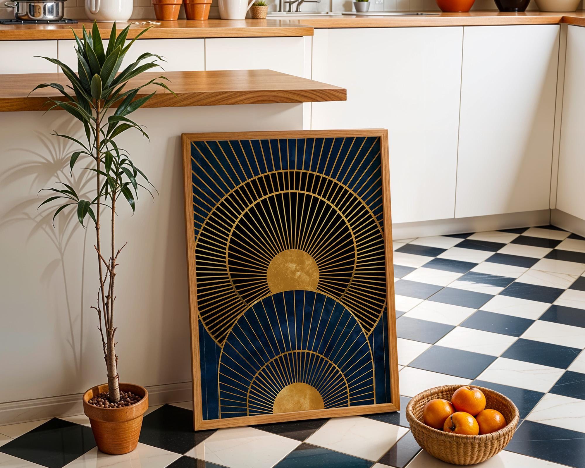 Navy Blue & Gold Geometric Sunburst Luxury Abstract Wall Art by The Wall Art Studio