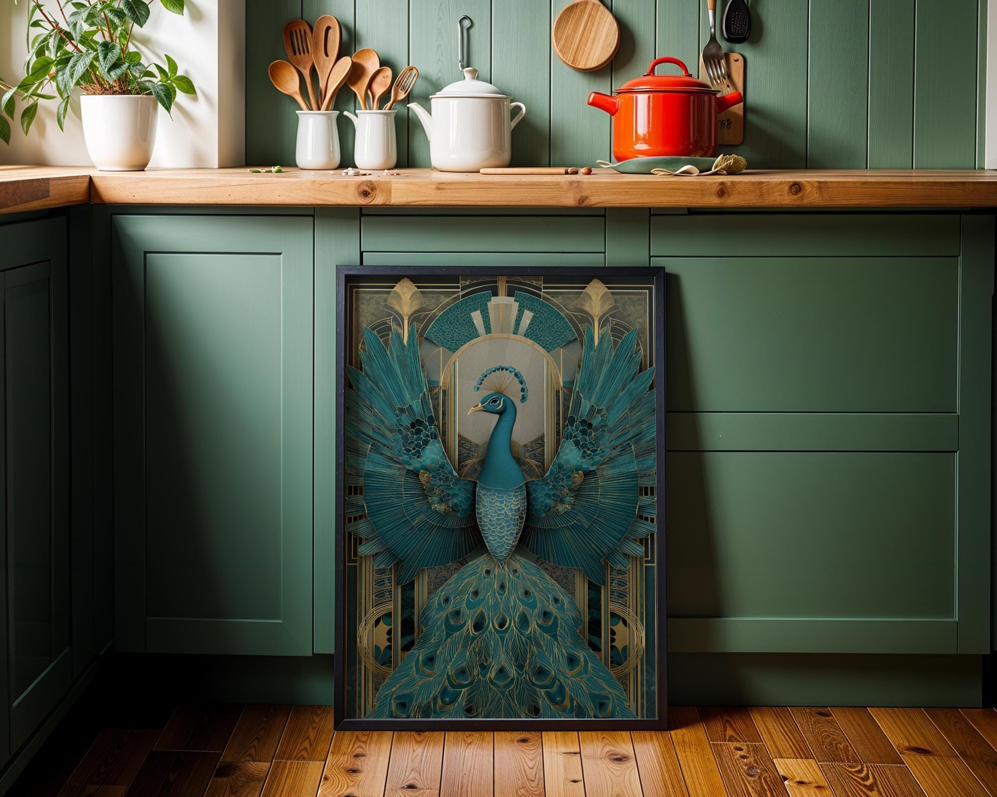 Art Deco Peacock Teal Gold Geometric Wall Art