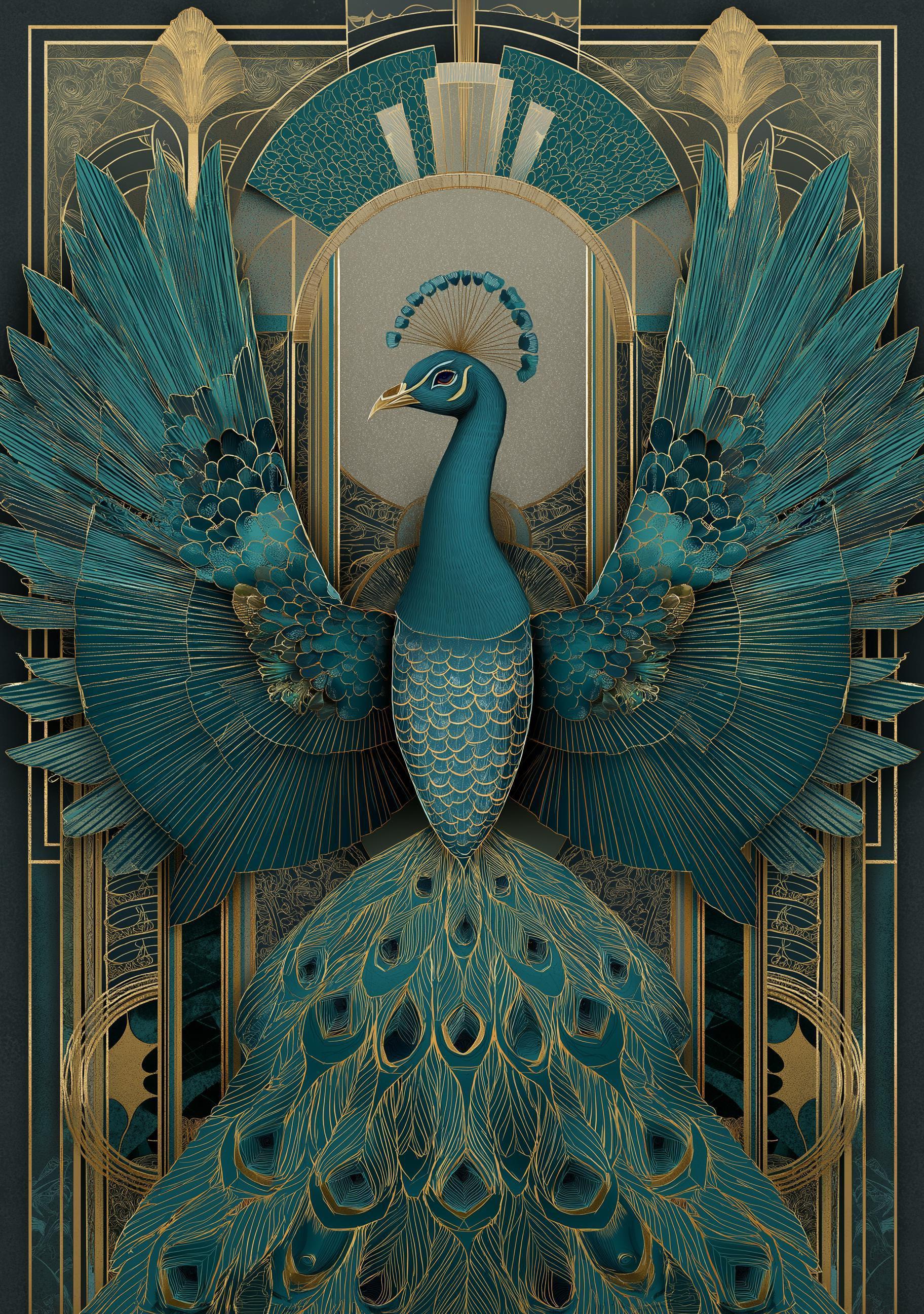 Art Deco Peacock Teal Gold Geometric Wall Art