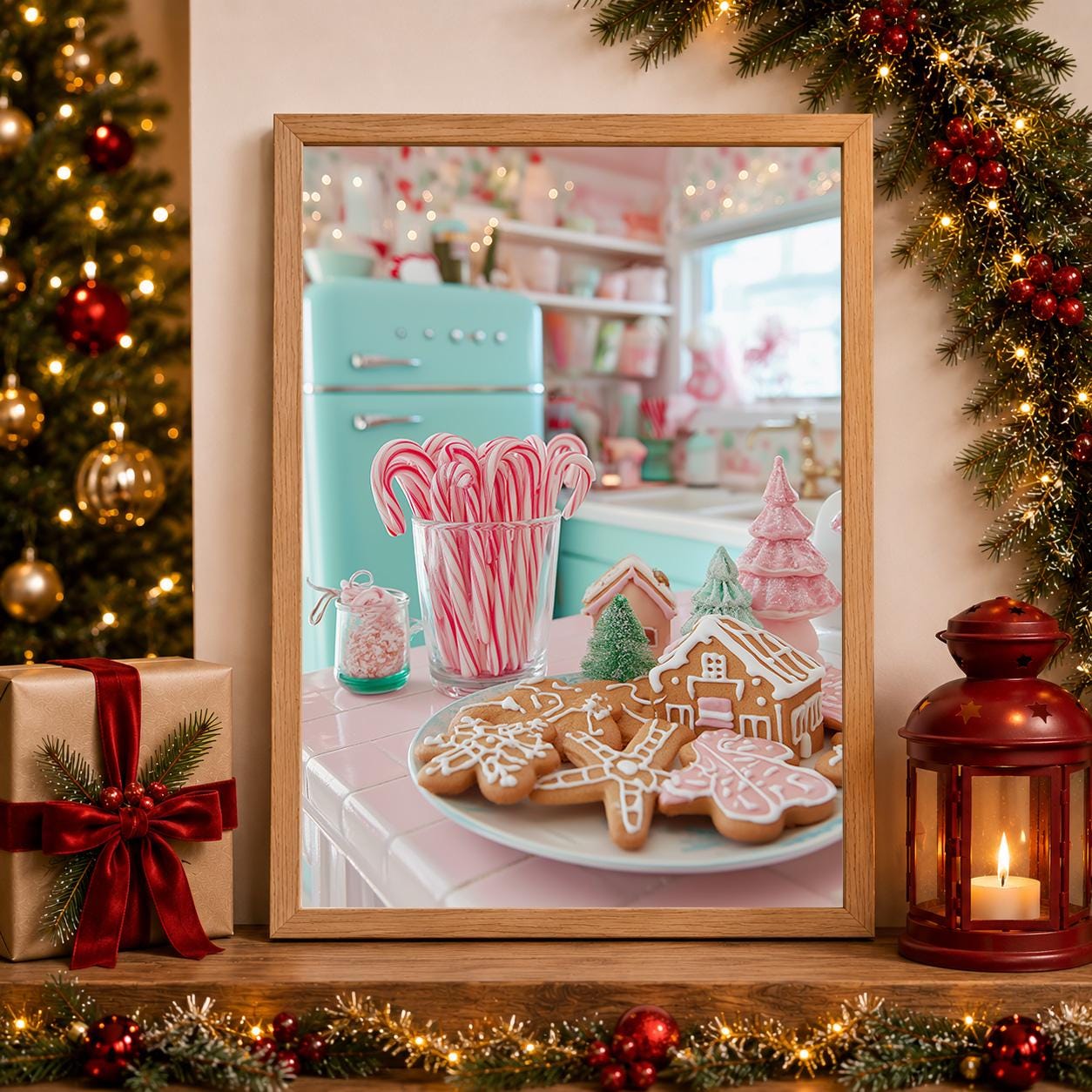 Retro Christmas Kitchen Pink Gingerbread Cookies Candy Cane Wall Art by The Wall Art Studio - physical