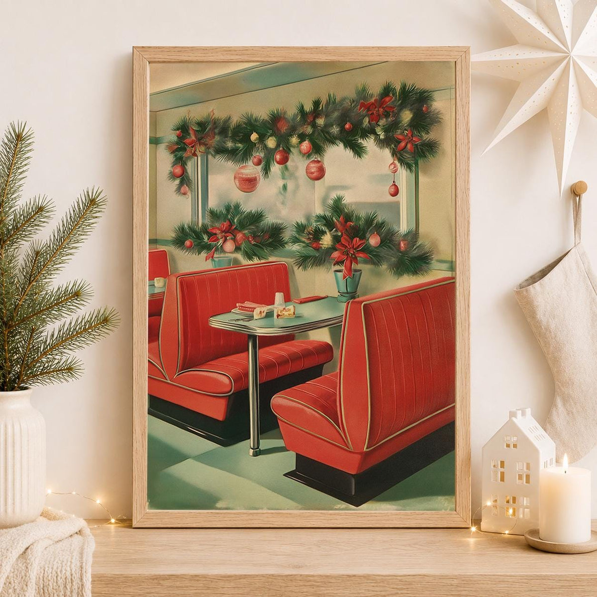 Retro Christmas Diner Vintage 1950s Holiday Cafe Red Booth Wall Art by The Wall Art Studio - physical