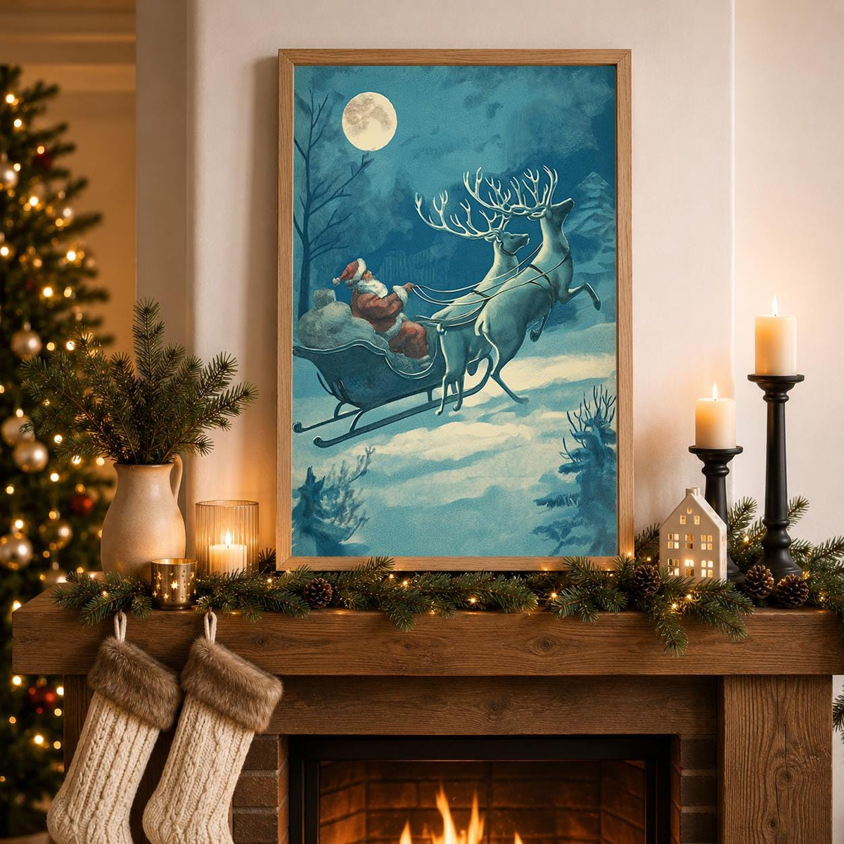 Vintage Santa Sleigh Retro Christmas Reindeer Moonlit Winter Wall Art by The Wall Art Studio - physical