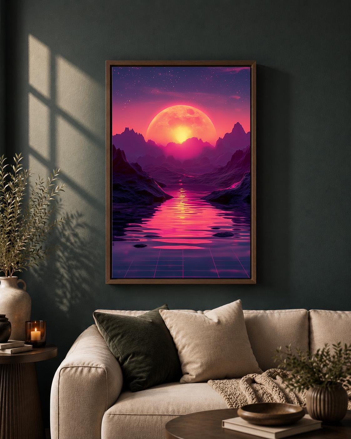 Vaporwave Retro Futuristic Sunset Neon Moon Landscape Framed Canvas by The Wall Art Studio - physical