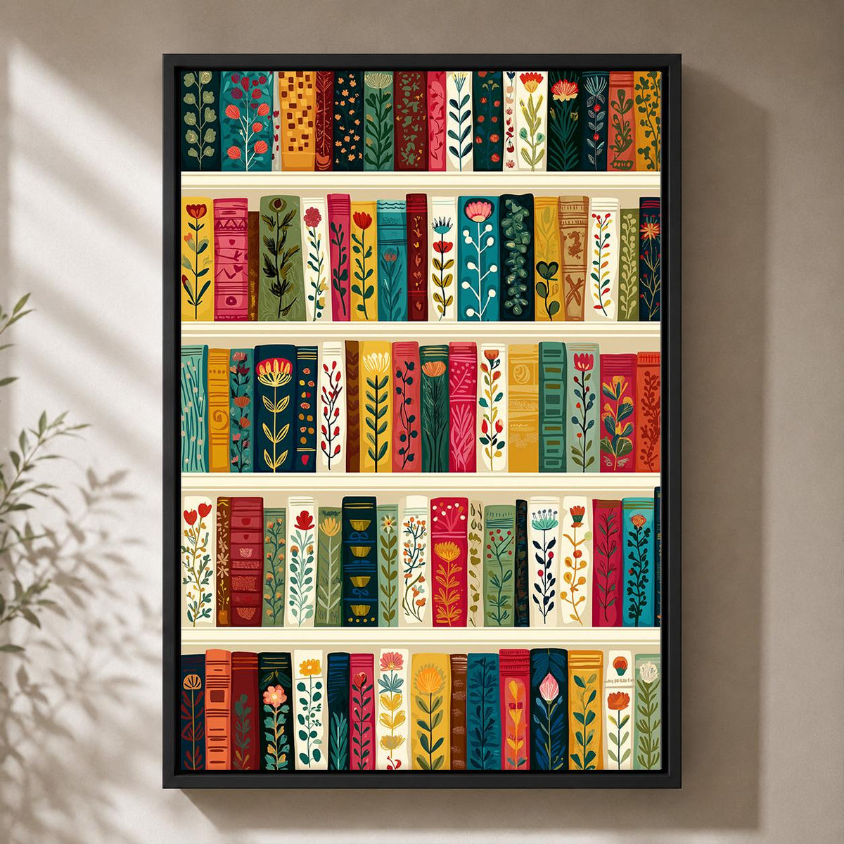 Floral Bookshelf Colorful Botanical Library Framed Canvas by The Wall Art Studio - physical