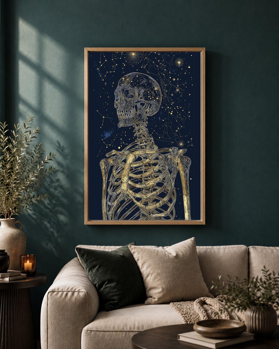Celestial Skeleton Gothic Skull Gold and Navy Astrology Framed Canvas by The Wall Art Studio - physical