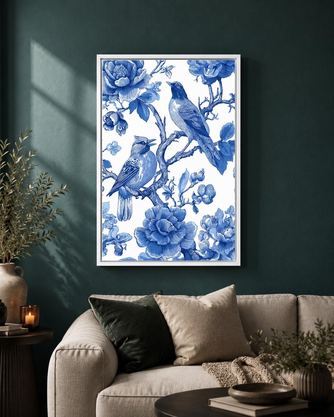 Blue Chinoiserie Bird Vintage Floral Botanical Framed Canvas by The Wall Art Studio - physical