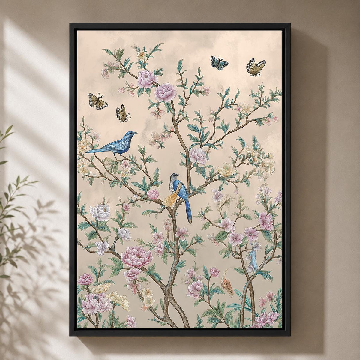 Chinoiserie Floral Bird Pink Blossom Vintage Inspired Asian Garden Framed Canvas by The Wall Art Studio - physical