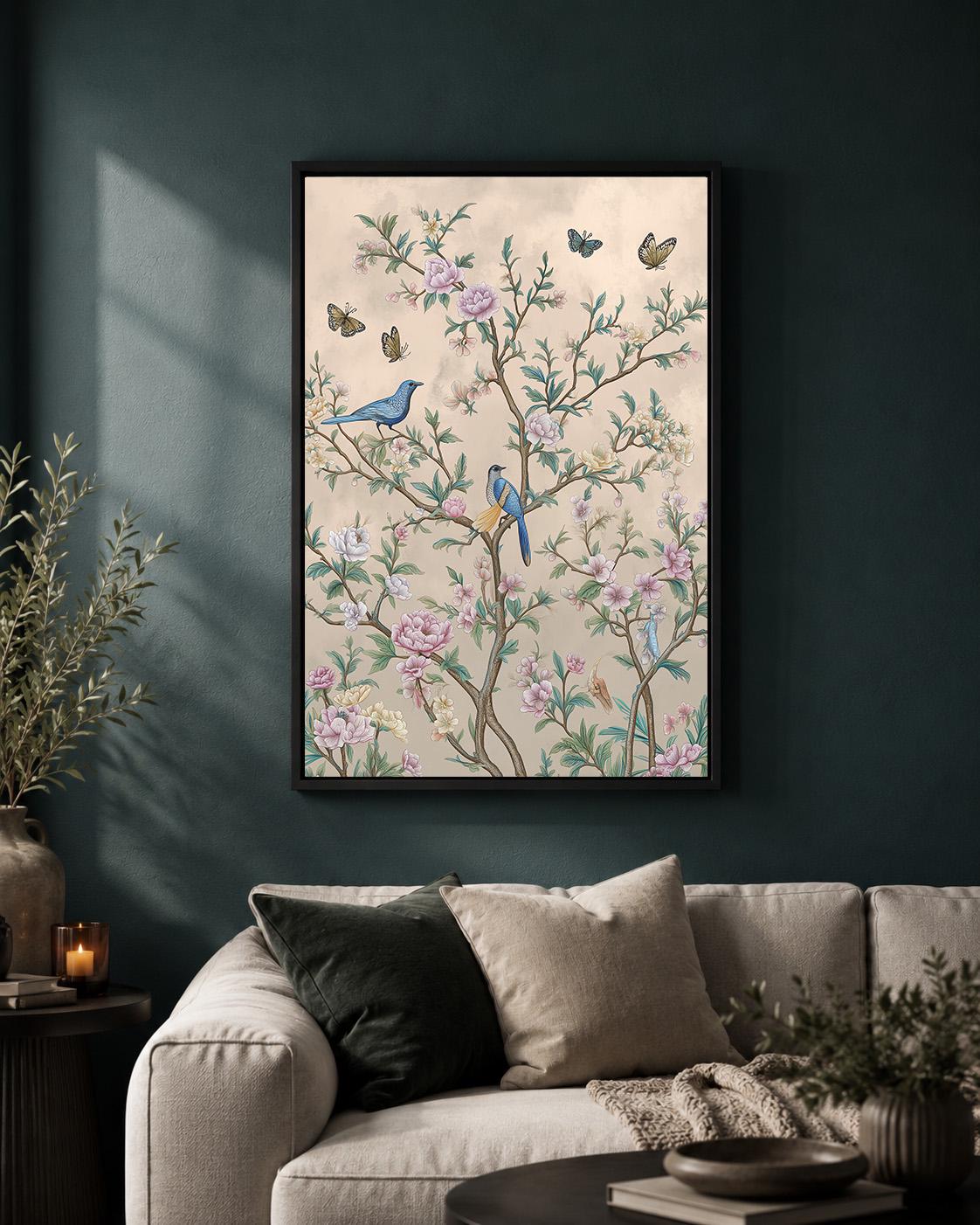 Chinoiserie Floral Bird Pink Blossom Vintage Inspired Asian Garden Framed Canvas by The Wall Art Studio - physical