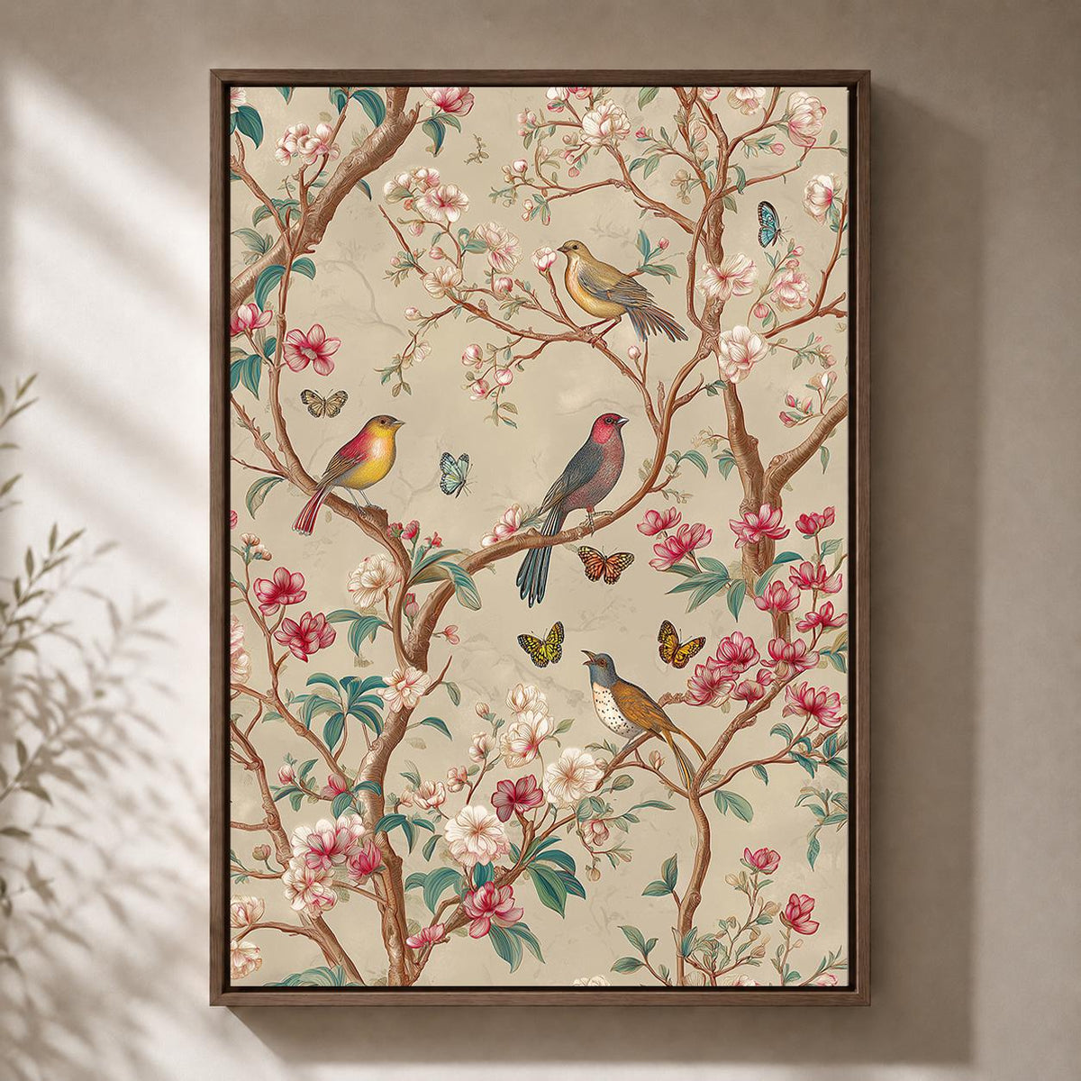 Chinoiserie Birds Pink Blossom Floral Botanical Framed Canvas by The Wall Art Studio - physical