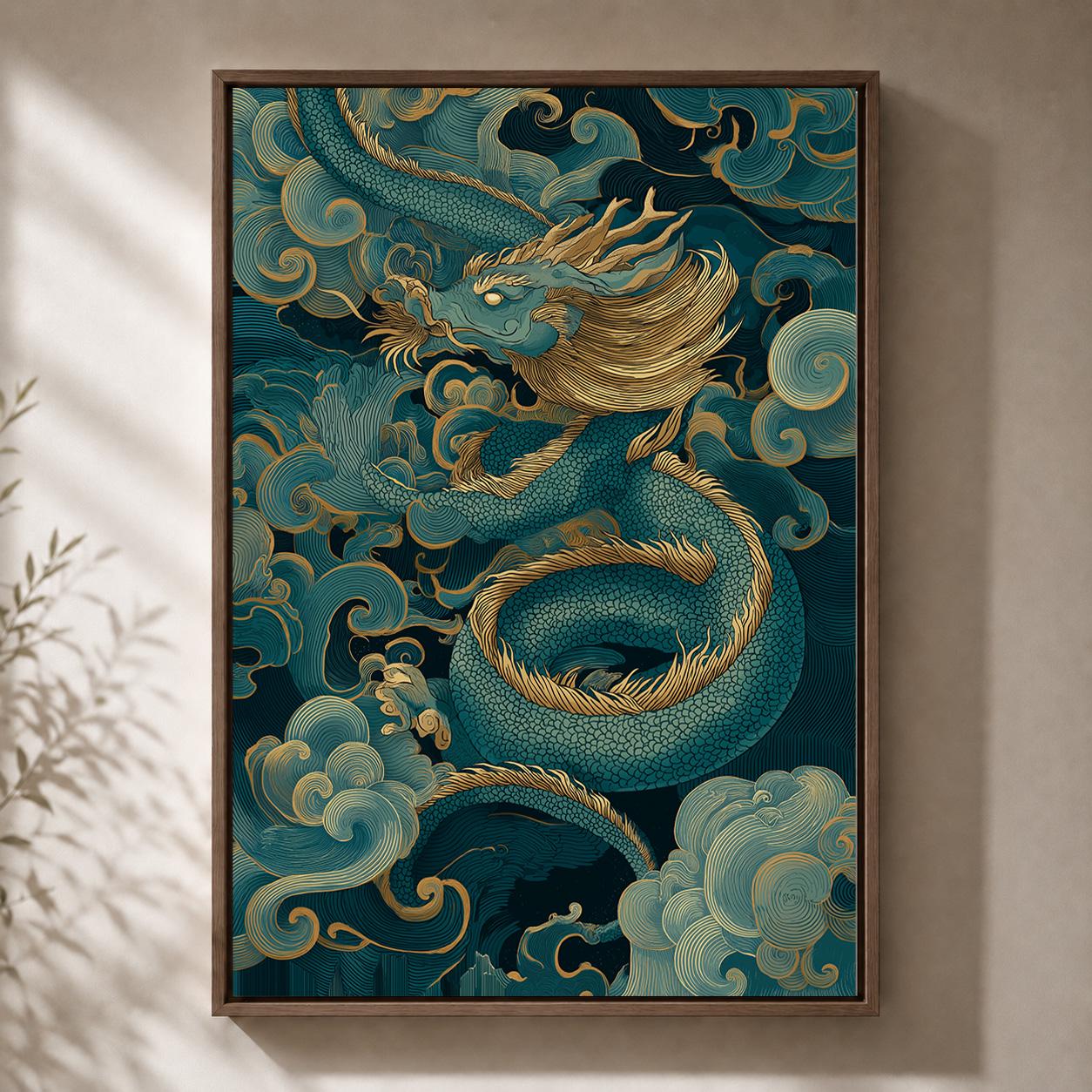 Japanese Dragon Blue & Gold Oriental Mythology Asian Framed Canvas by The Wall Art Studio - physical