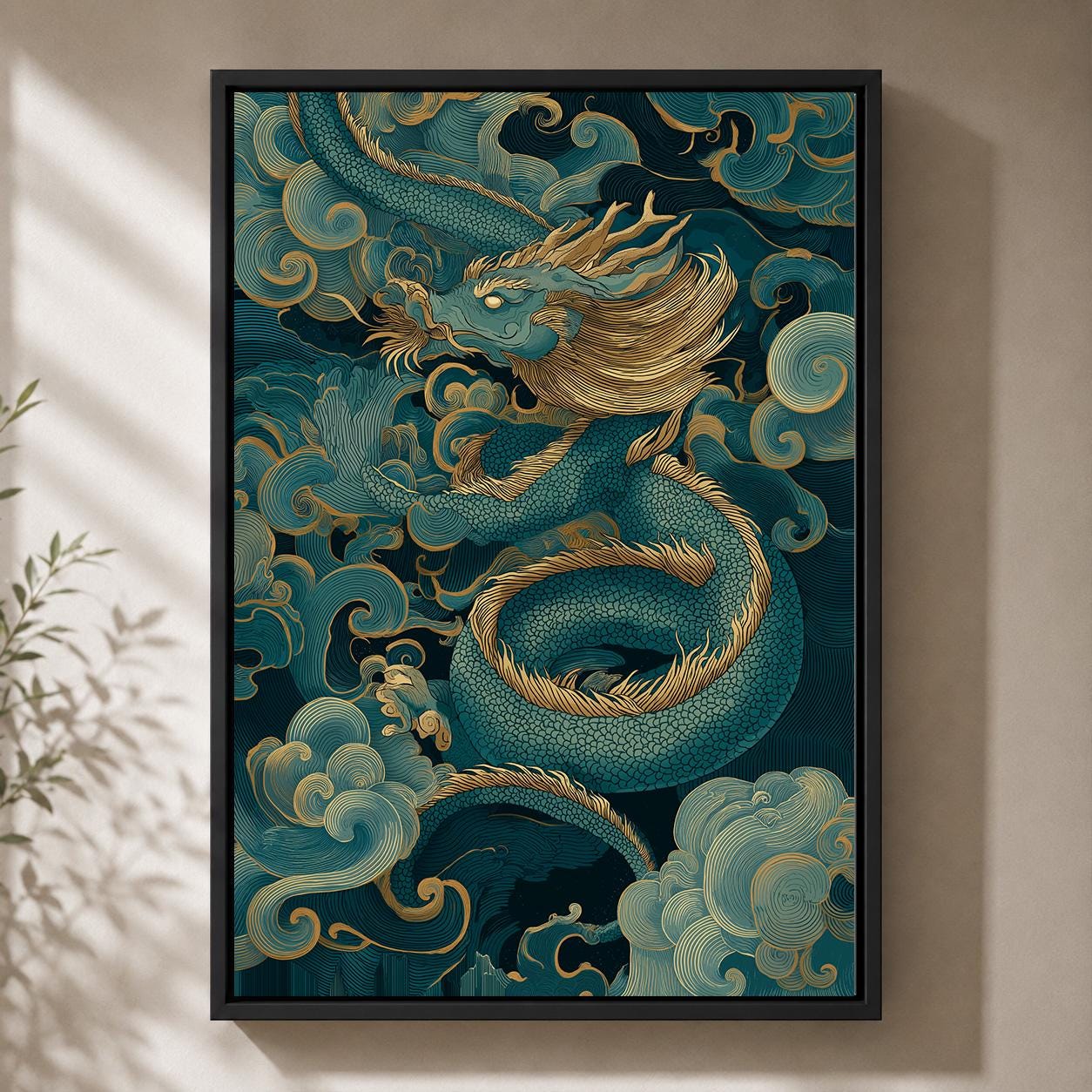 Japanese Dragon Blue & Gold Oriental Mythology Asian Framed Canvas by The Wall Art Studio - physical