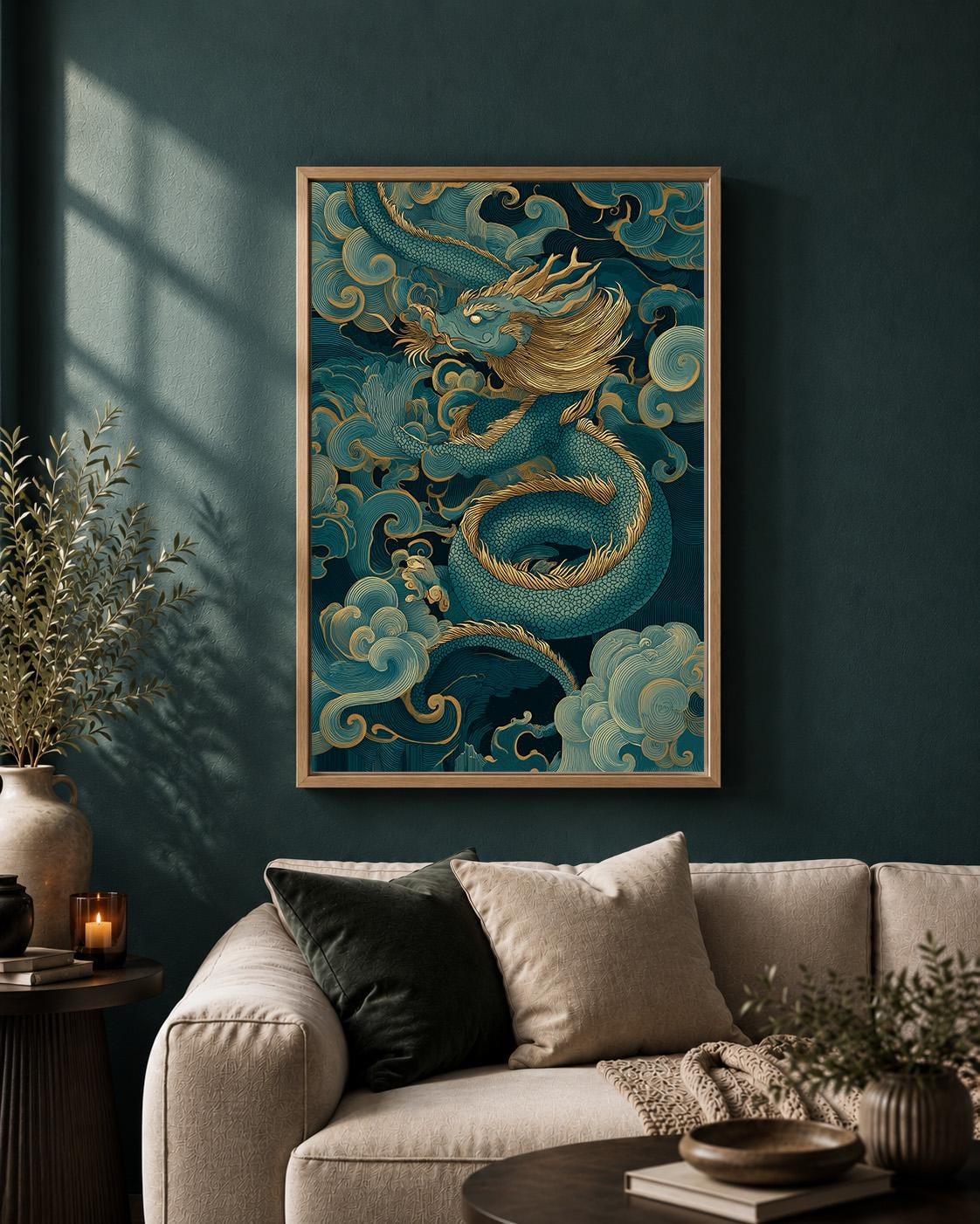Japanese Dragon Blue & Gold Oriental Mythology Asian Framed Canvas by The Wall Art Studio - physical