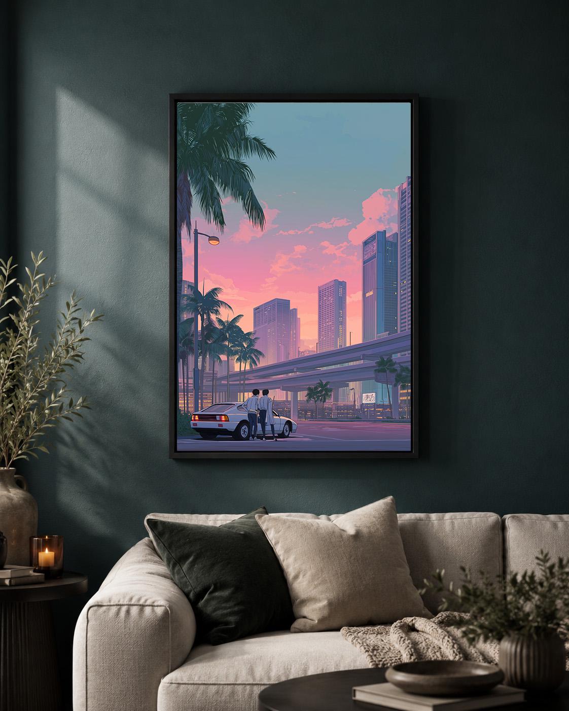 Retro Japanese City Pink Sunset Skyline 80s Vaporwave Framed Canvas by The Wall Art Studio - physical