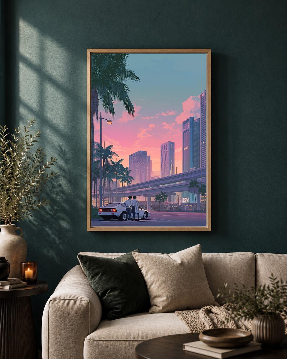 Retro Japanese City Pink Sunset Skyline 80s Vaporwave Framed Canvas by The Wall Art Studio - physical