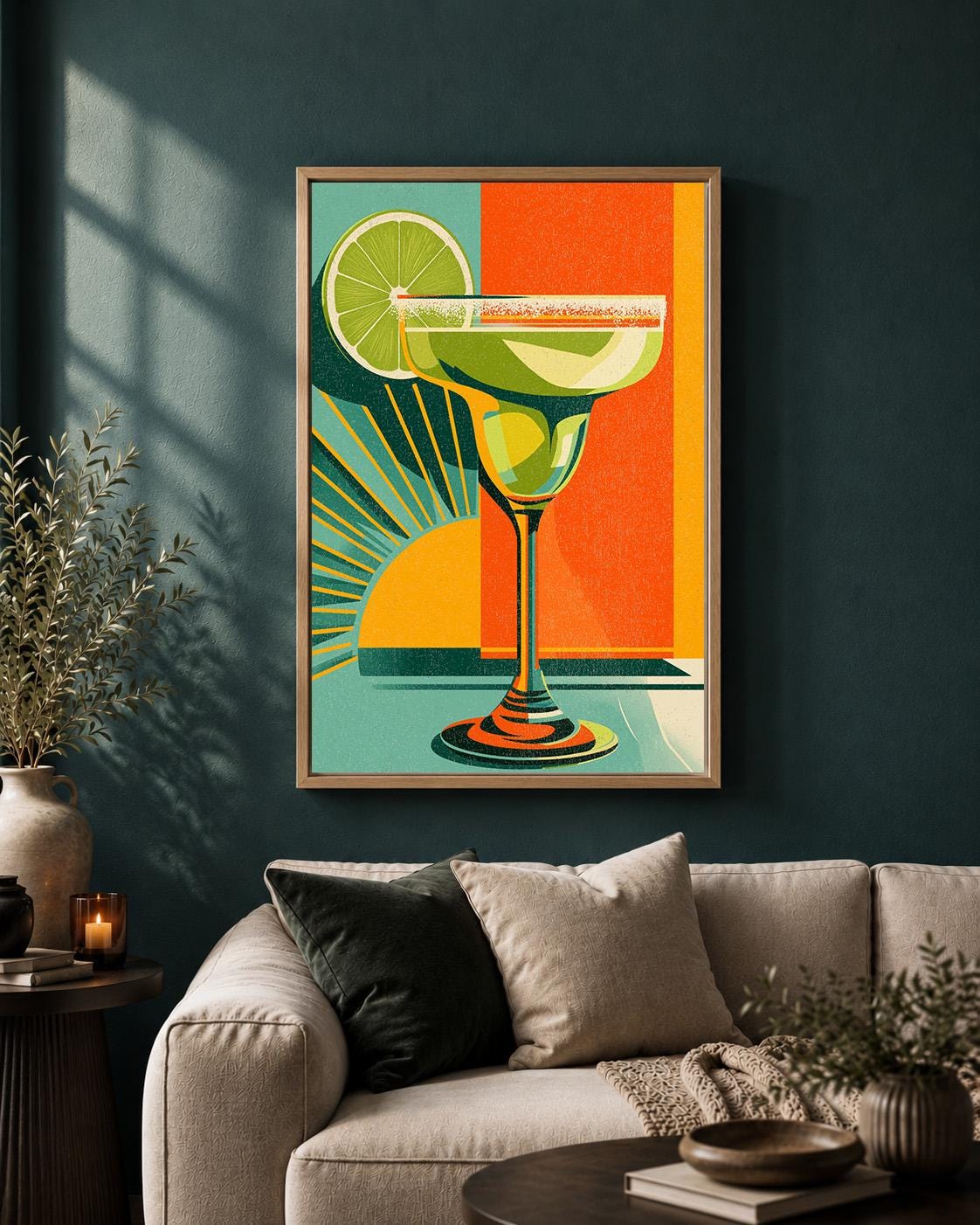 Retro Margarita Cocktail Mid Century Modern Bar Framed Canvas by The Wall Art Studio - physical
