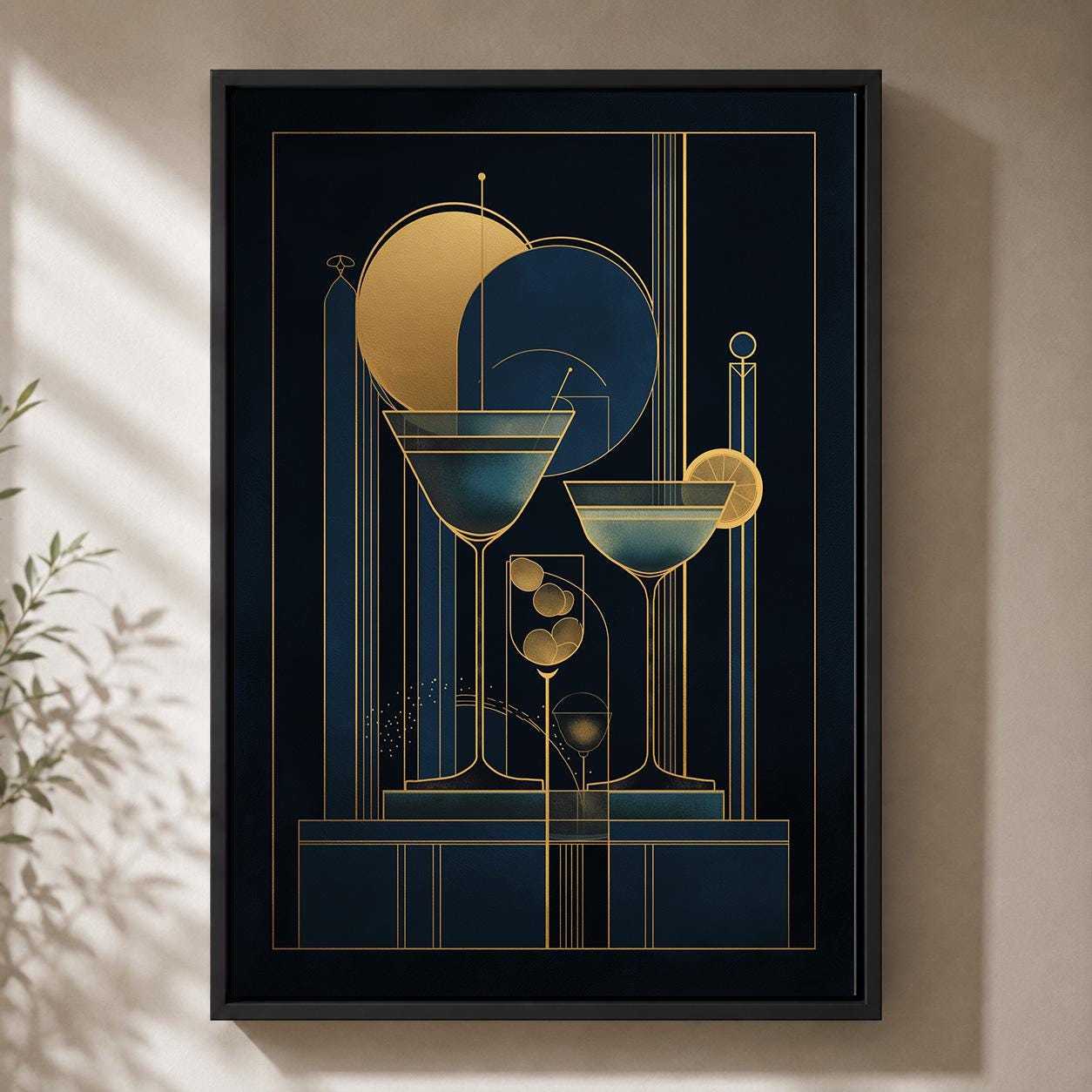 Art Deco Martini Navy Gold Bar Geometric Drinks Framed Canvas by The Wall Art Studio - physical