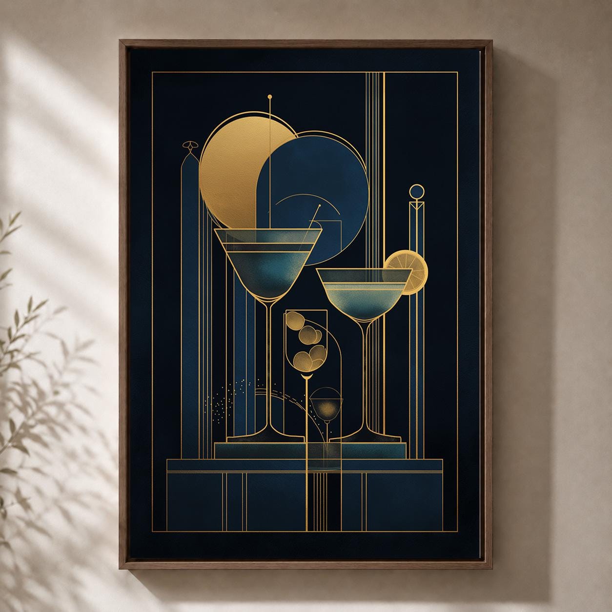 Art Deco Martini Navy Gold Bar Geometric Drinks Framed Canvas by The Wall Art Studio - physical