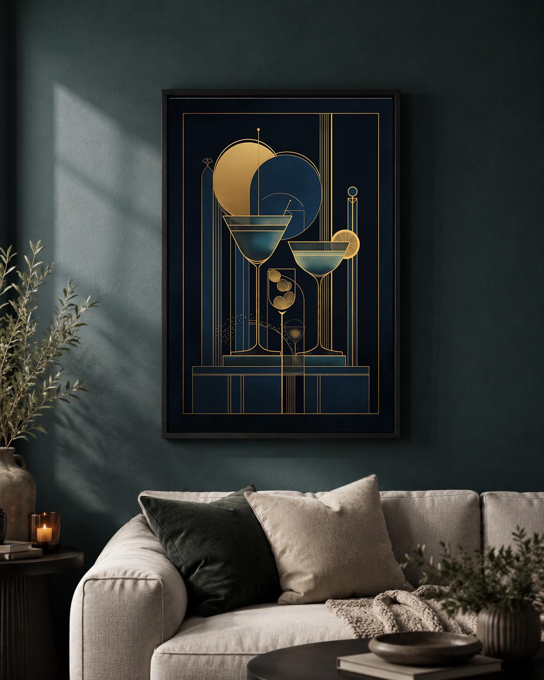 Art Deco Martini Navy Gold Bar Geometric Drinks Framed Canvas by The Wall Art Studio - physical
