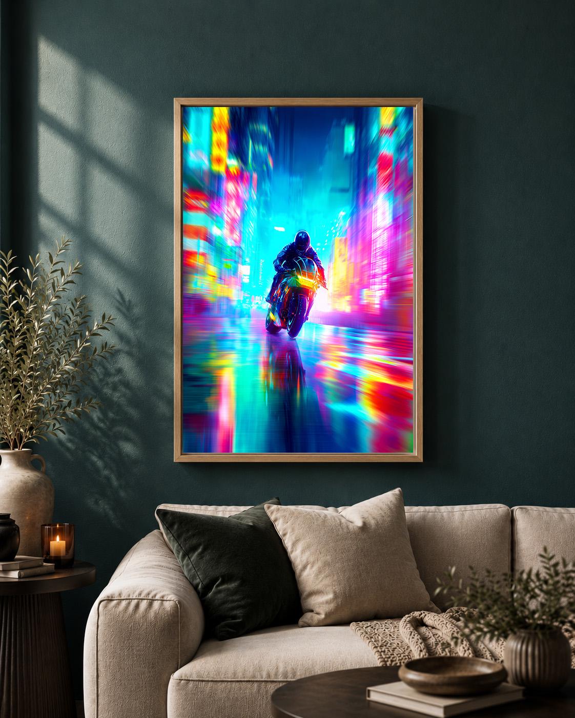 Cyberpunk Motorcycle Neon City Futuristic Motorbike Vaporwave Framed Canvas by The Wall Art Studio - physical